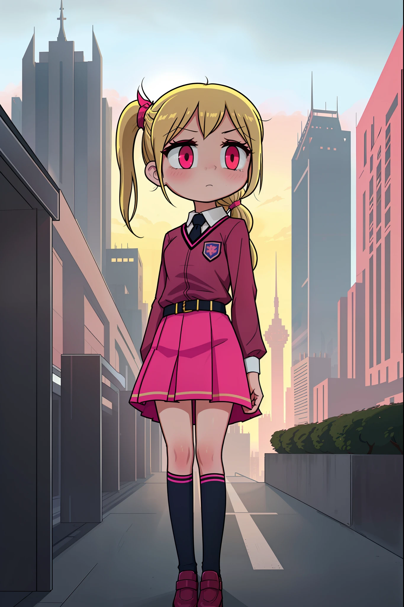 giiantess towering over chibi girl (minature skyscrapers), surprised mischievous, slim, slender, (spoken love), (sexy schoogirl uniform, white pink, shiny:1.1),  (blonde ponytail:1.2), red eyes, by beksinski, (flat colors), (extremely annoying immature:1.1) (hdr sunglare)