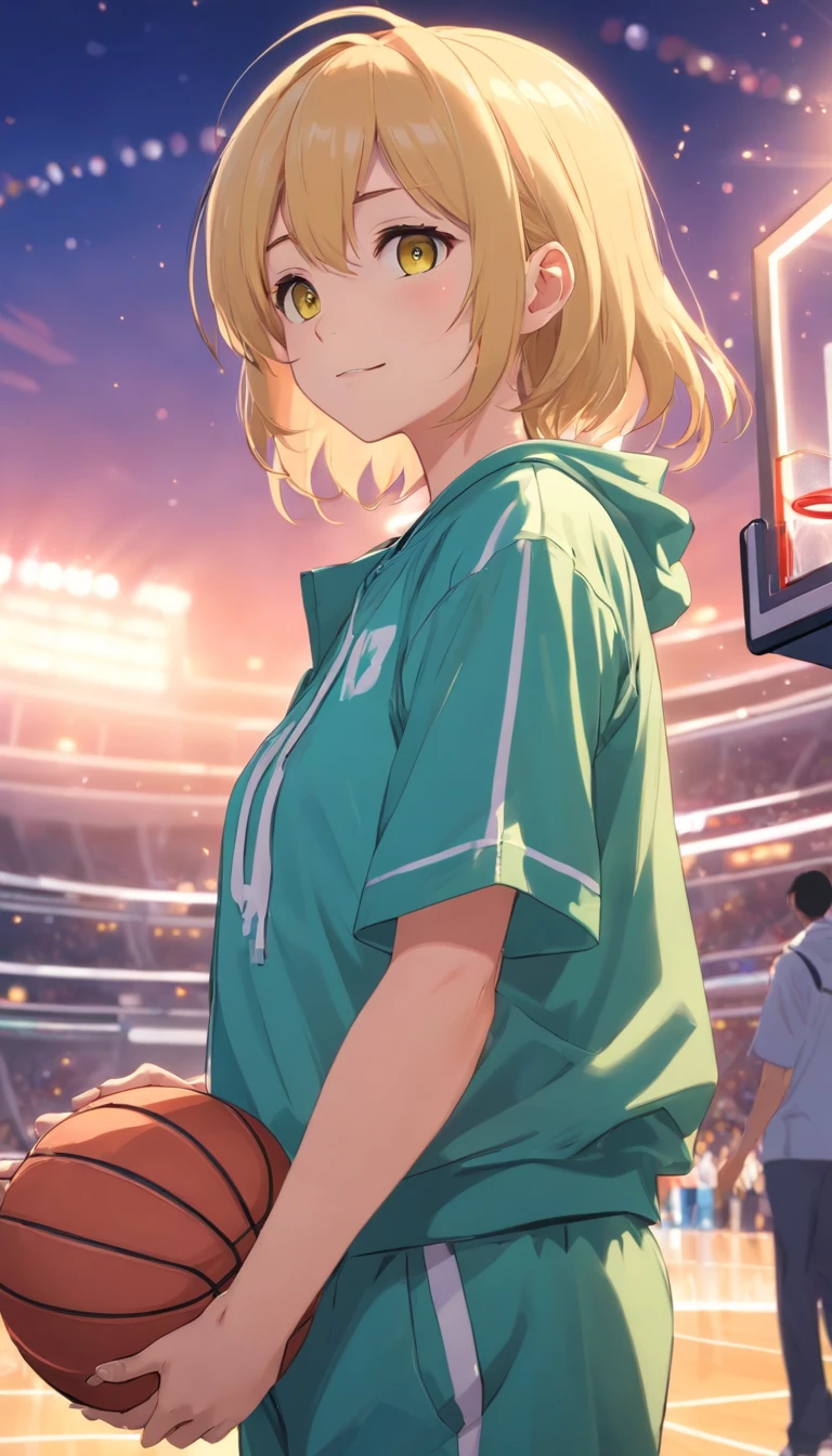 best qualtiy， tmasterpiece， 超高分辨率， realisticlying， 1 girl， Long pale yellow hair，Heterochromic pupils，plumw， track suit，basketball playground，baseball cap，Holding a basketball，Keep your feet apart，ssmile