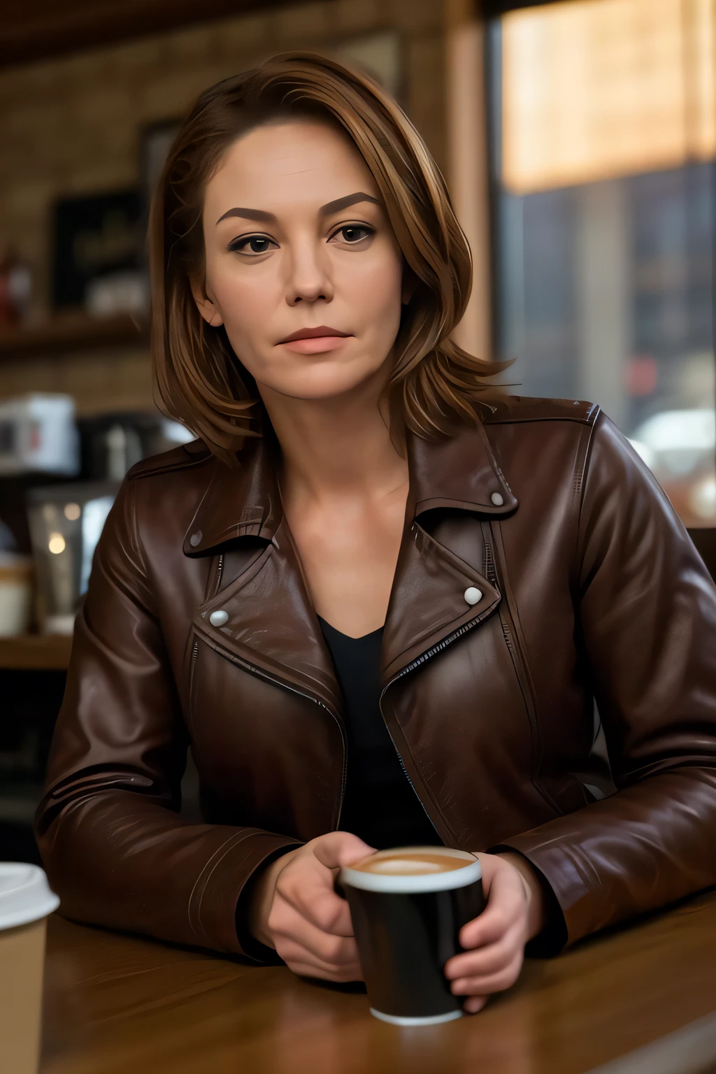 real, realistic, atmospheric scene, masterpiece, best quality, (detailed face, detail skin texture, ultra-detailed body:1.1),cinematic light,
d1an31an3-smf on a coffee shop drinking a coffee wearing a casual outfit, jacket