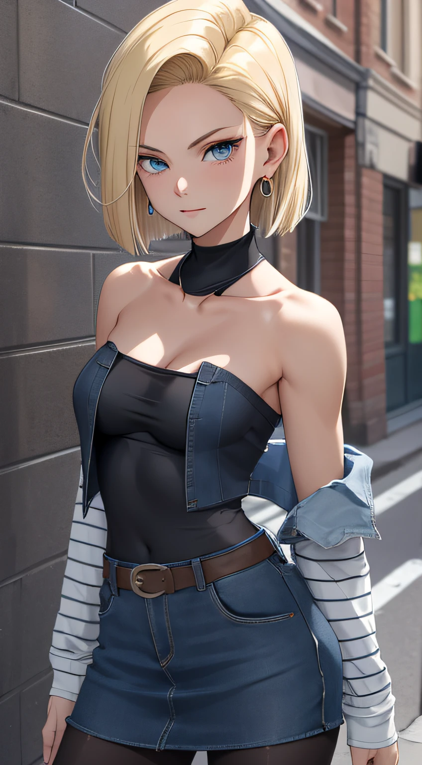 #Basics A girl is posing for a photo, animeのかわいい女の子,  ((One Girl)), (((Baby Face:1.2)) + ((cute:1.3))), 
break 

#Clothing Accessories 
((Black sleeveless high neck knit sweater dress:1.4)) + (Gold belt for a tight fit at the waist:1.4) + ((Sheer black pantyhose)), Glossy black high heels, 
(Gold hoop earrings), (Fancy Necklace), (Black nail polish),  
break 

#Features 
((Blonde)), (Chest-length sideburns), ((Pixie Cut Hair) : Very short hair + Fuller Hair + Voluminous Hair + Hair curled outside + Tied up with a red string ribbon)), 
((Droopy eyes:1.4, Big eyes:1.2), blue eyes), (Small breasts),  
break 

#background environment 
((noon + bustling street + sunlight + Passersby)), 
#Facial Expression Pose  
((smile:1.5)), ((hand in own hair, Walking on the sidewalk)), (Sweat), 
#composition 
((Face the camera, (Focus from the front), Cowboy Shot)), 
break 

#Body parts elements 
(Slim figure), 
(Detailed Hair, Beautiful Hair, Shiny Hair), 
(double eyelid, Long eyelashes), 
(Expression of fine eyes, Beautiful and delicate eyes, Sparkling eyes, Eye Reflexes, Glitter Eyeliner), 
(Human Ear), 
(Beautiful Nose, Thin Nose), 
(Glossy Lips, Beautiful Lips, Thick lips), (Symmetrical facial features), 
(Detailed skin, Textured skin, Beautiful Skin, Oily skin), 
break 

#Quality Image Quality Common 
(((Highest quality)), ((masterpiece)), ((Very detailed))), ((Ultra-high resolution)), ((16K, 1080P)), ((FHD)), 
(Anatomically correct), (Realistic), (3DCG), (oil), 
#Quality image illustration 
((comics, anime)), CG illustration,
