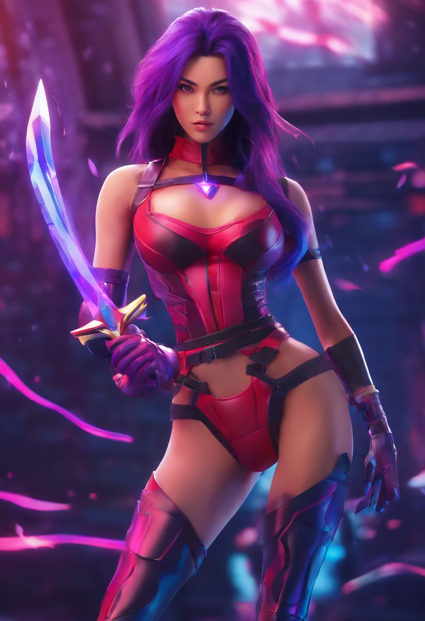 best quality,ultra-detailed,realistic:1.37,Psylocke,beautiful detailed eyes,beautiful detailed lips,extremely detailed eyes and face,longeyelashes,athletic female figure, intense gaze, striking purple hair, tight-fitting black leather outfit, katana sword, psychic knife, martial arts stance, dynamic action pose, glowing purple energy, dark and mysterious background, cinematic lighting, comic book style, vibrant colors, futuristic technology, high contrast, dramatic shadows, visible areola, legs spread, camel toe.