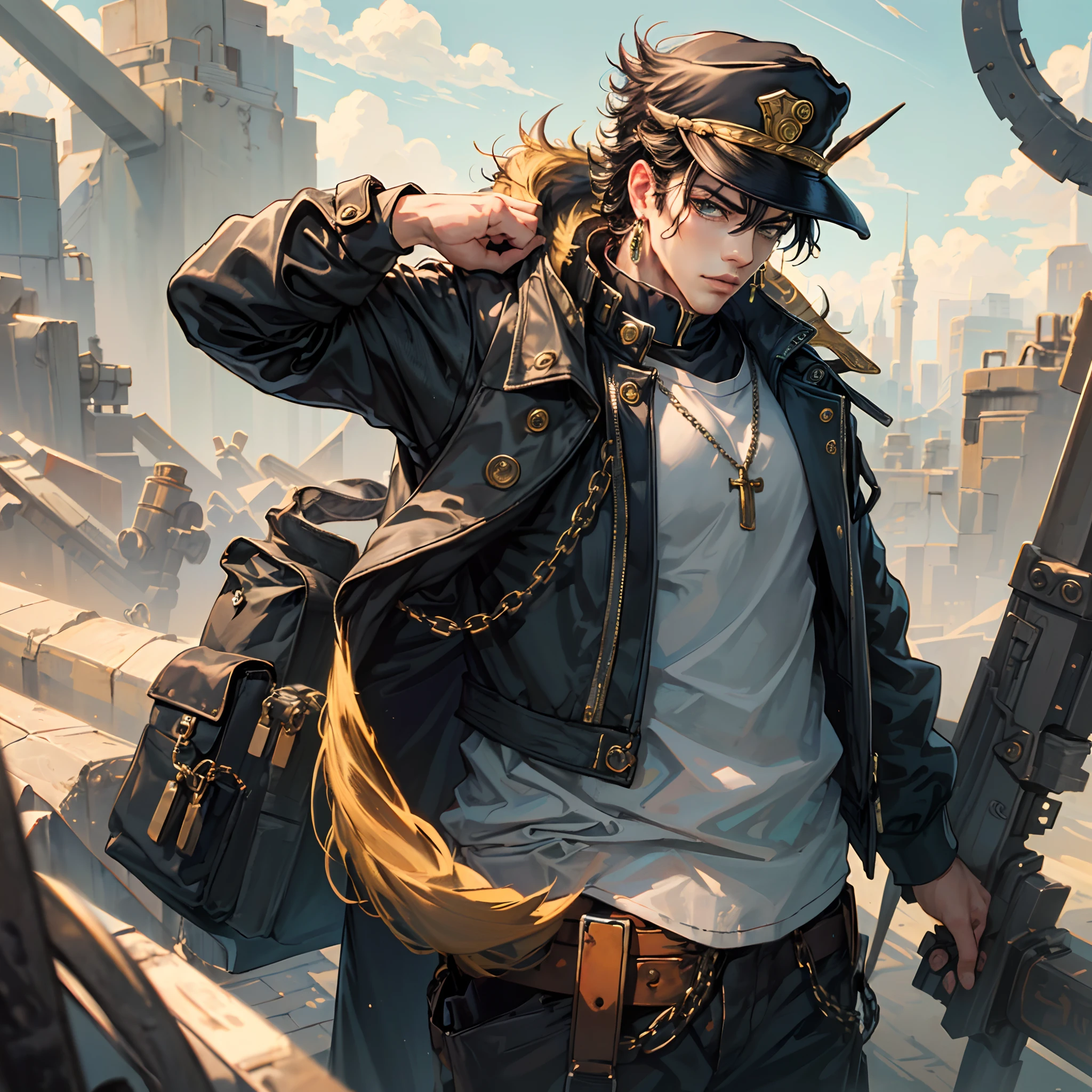 (masterpiece, best quality:1.2), cowboy shot, solo, male focus, 1boy, kujo jotaro, muscular male, serious, closed mouth, looking at viewer, hands in pockets, hat, green eyes, school uniform, gakuran, long coat, jewelry, earrings, chain