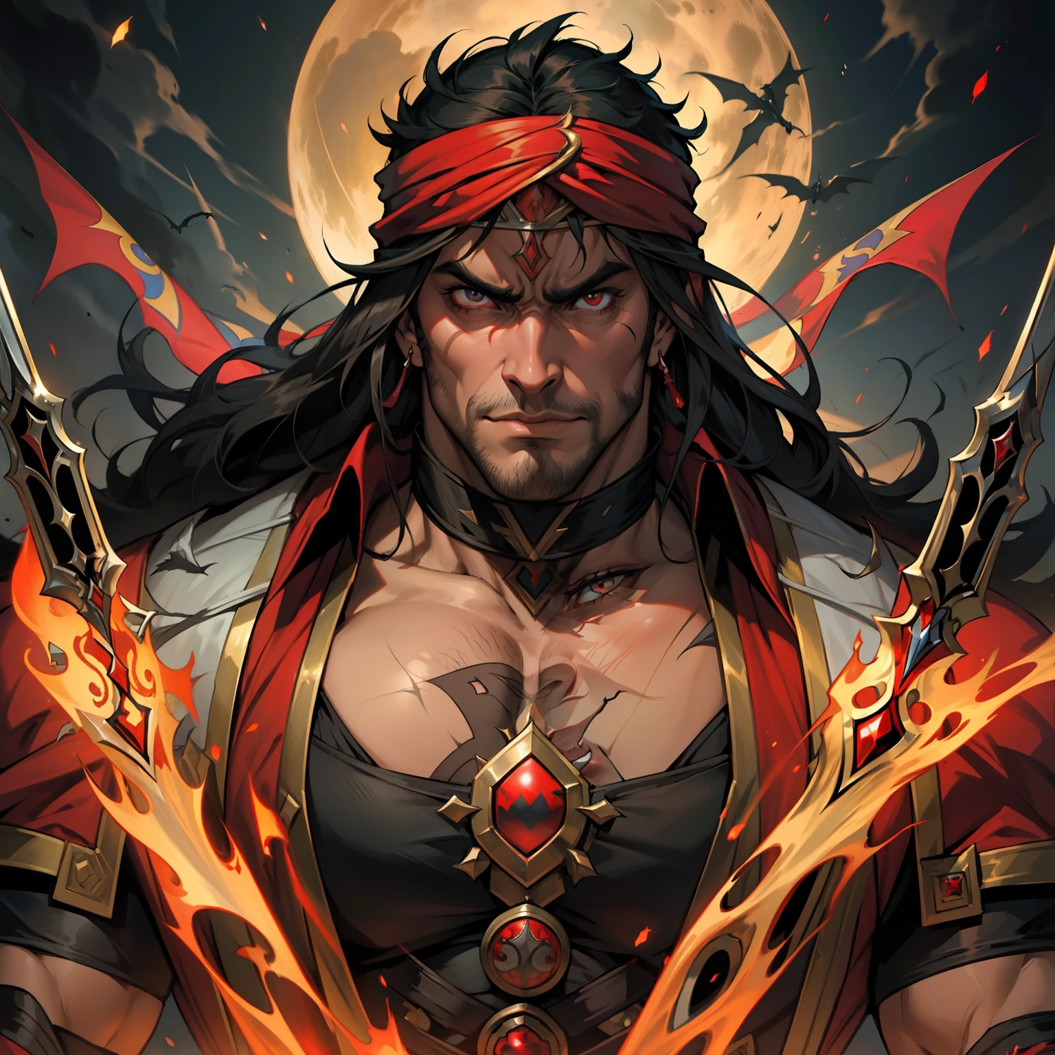 Castlevania Hyper Realistic Shadow Lord Super Detailed Dynamic Shooting Lord Dracula's Centerpiece Medieval Arab Warrior with Red Turban Scary Face Hokuto No Ken Structure Muscular Face Kenshiro Portrait Zoom Super Detailed Face