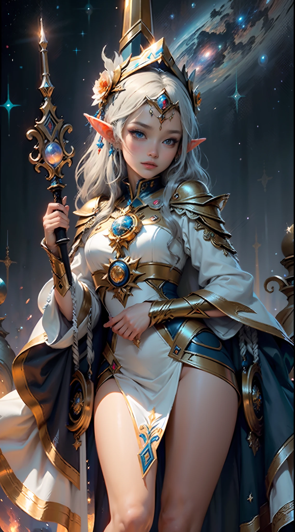 ((Best quality)), ((Masterpiece)), (Highly detailed:1.3), mirai,magic and technology,kosmos,Um ser celestial, Mystic energy,space ship,Ancient spell powers, Occult art,Travel through the universe,Ethereal Elf Tower, ,Ancient mantra,enchanted weapons