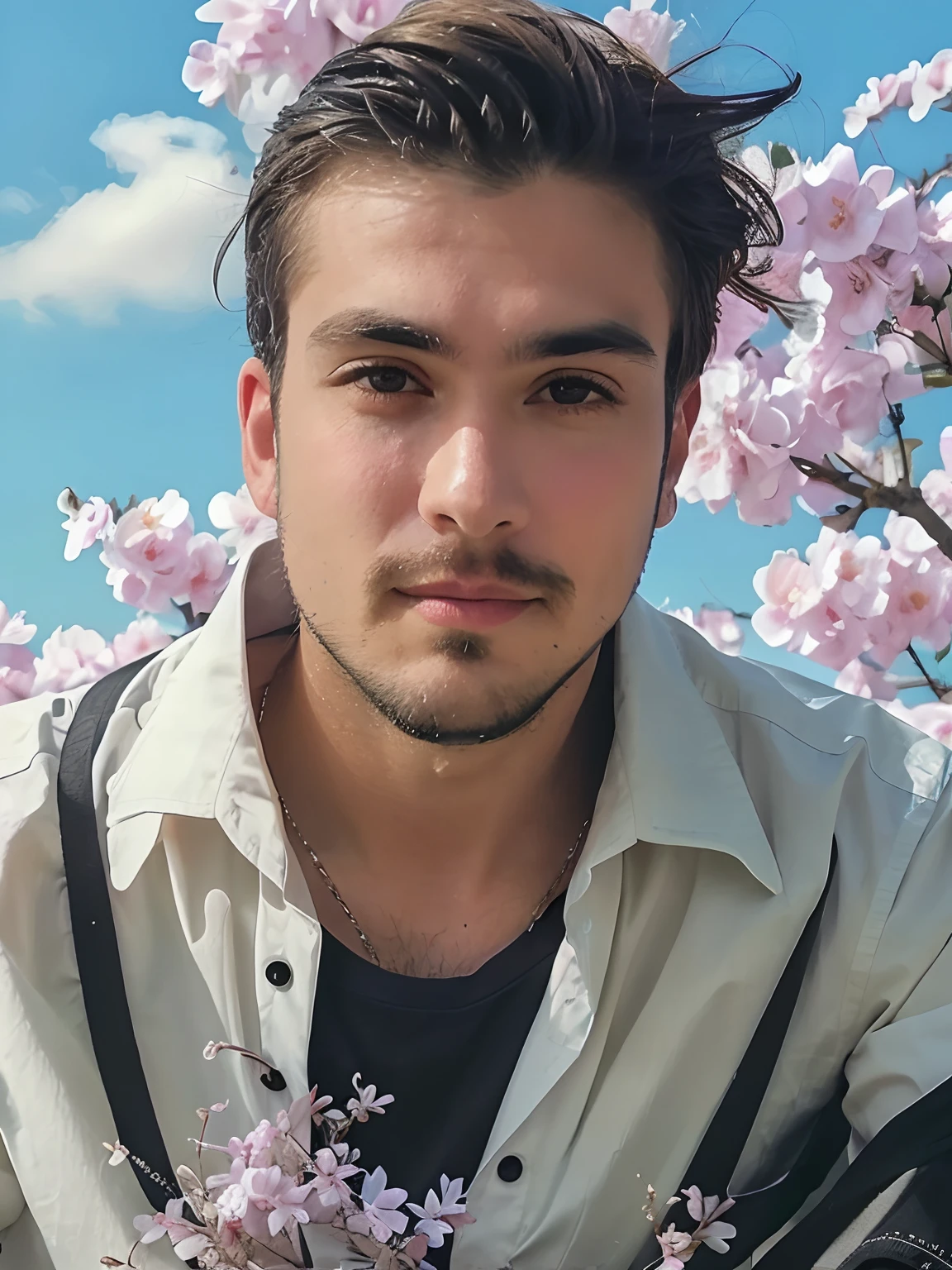 Man with beard and in shirt holding a flower