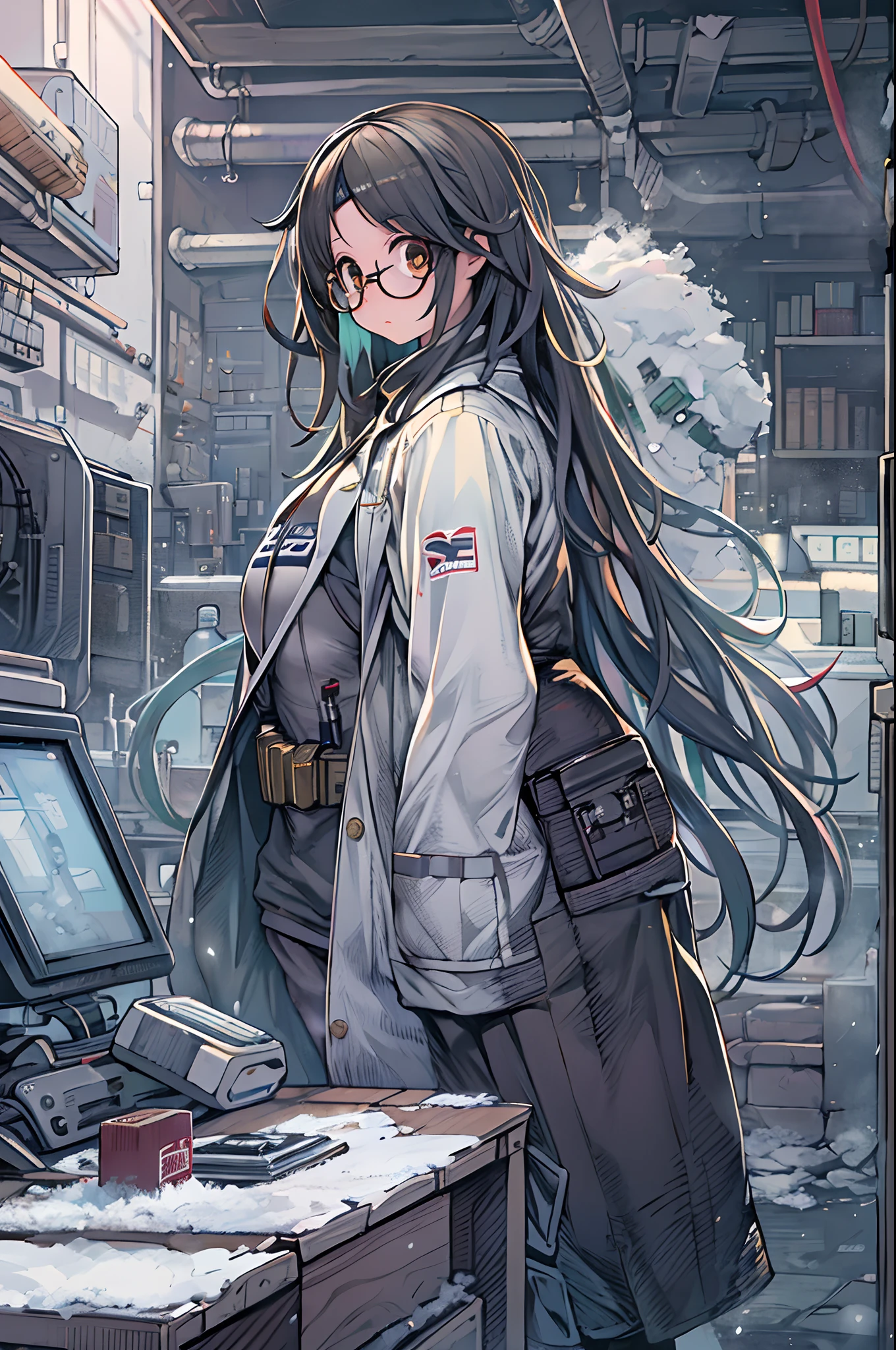 Science fiction,a science fiction film,cannons,Long-range missiles,Based on the Film Foundation ,Woman,,28 years old,Zito-order,Brown eyes,Long hairstyle,Unkempt hair、White-gray on black hair,Scientist uniform,White researcher coat,Open Meadow,Rebel,Chaotic,A futuristic world,Socialist world,Snow,lab room、stoop、big round glasses、with hands in pockets