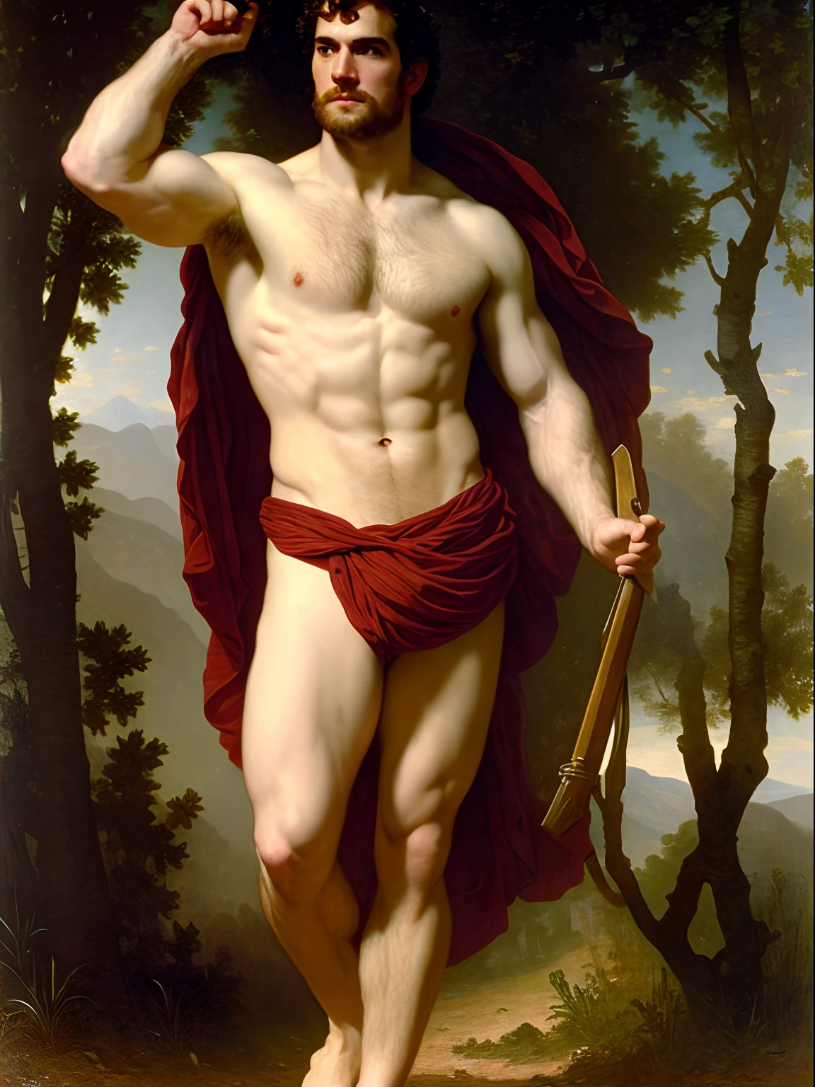 A full body portrait of Henry Cavill as an extremely strong and handsome 40s years old man, highly detailed painting, portrait, artwork by William-Adolphe Bouguereau, ethereal, poetic pastoral