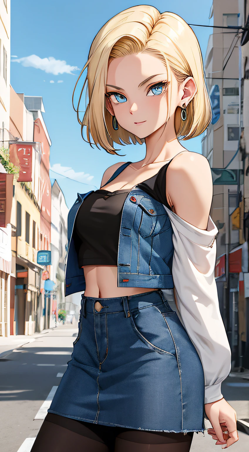 best quality, highres, and18, 1girl, android 18, solo, blonde hair, blue eyes, short hair, earrings, jewelry, denim vest, open vest, black pantyhose, black shirt, denim skirt, striped long sleeves, blue skirt, medium breasts, cowboy shot, street, (Externally expanded Chest:1.2), (Strapless:1.2), off-the-shoulder