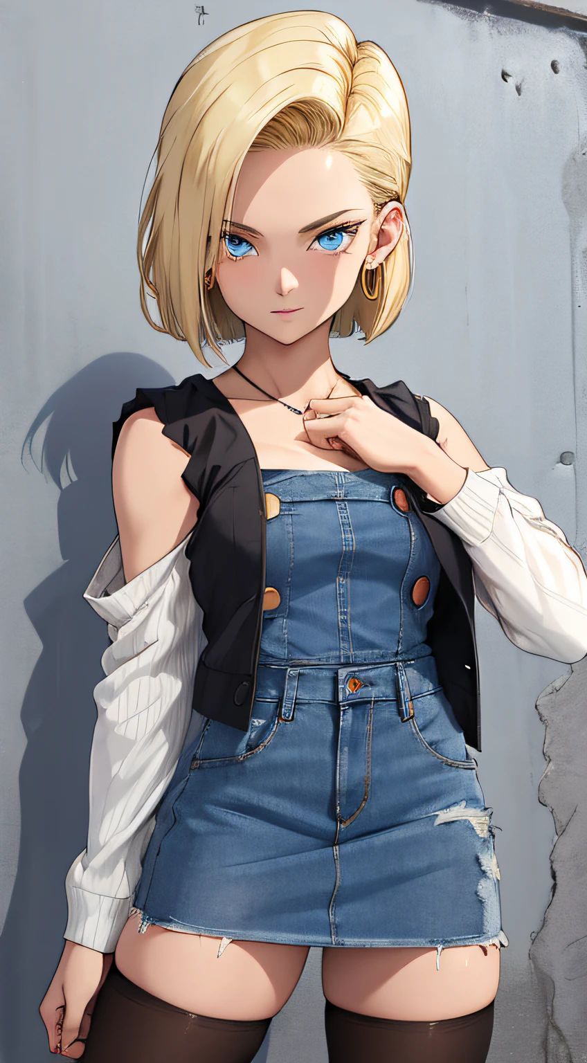 best quality, highres, and18, 1girl, android 18, solo, blonde hair, blue eyes, short hair, earrings, jewelry, denim vest, open vest, black pantyhose, black shirt, denim skirt, striped long sleeves, blue skirt, medium breasts, cowboy shot, street, (Externally expanded Chest:1.2), (Strapless:1.2), off-the-shoulder