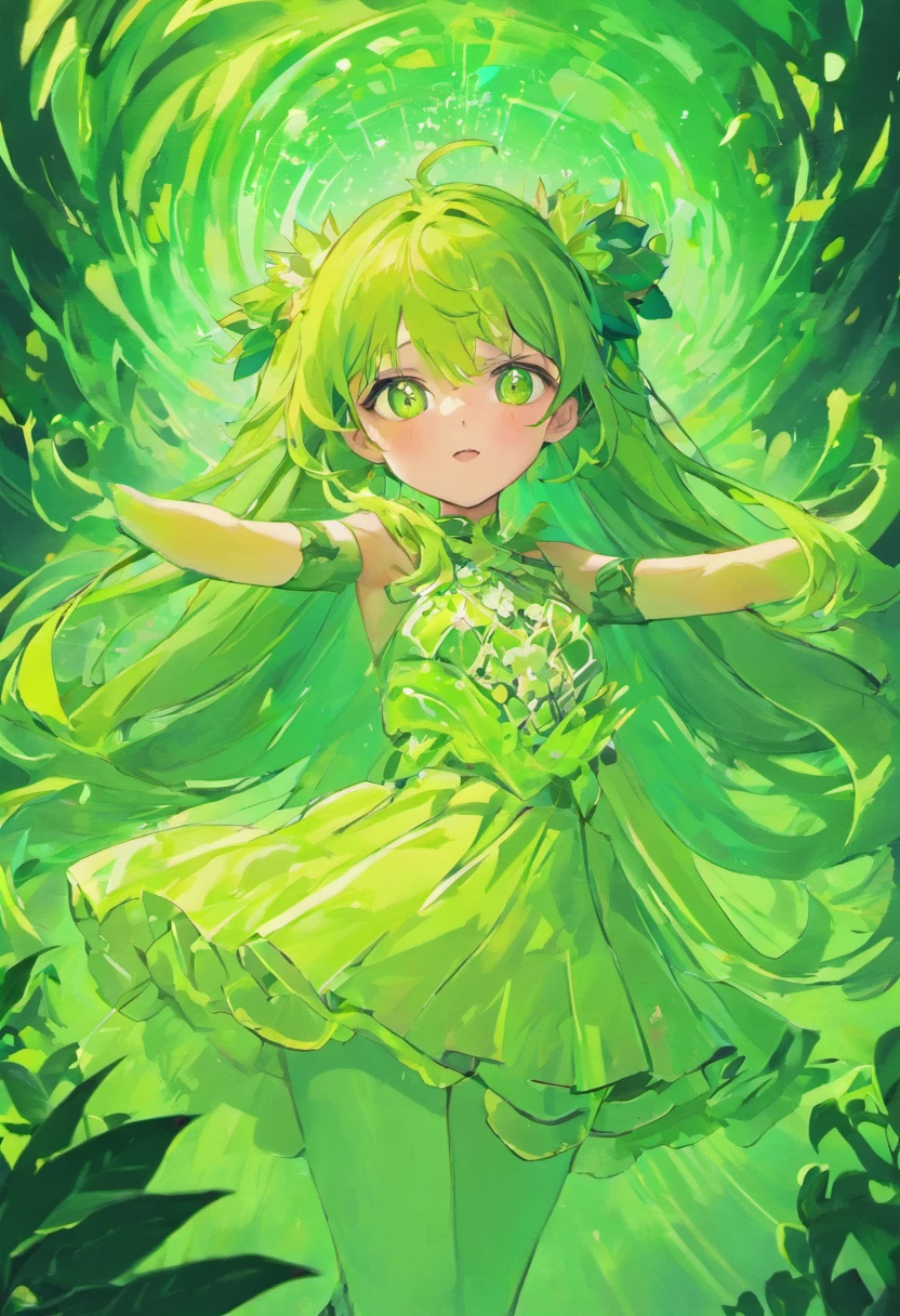 Green pupil eyes,Long green hair,She's a plant lady,seductive anime girls,There are many green tentacles on the body,Queen of plants,With a gentle expression,Endearing,fully body photo,pinkskirt,white stockings