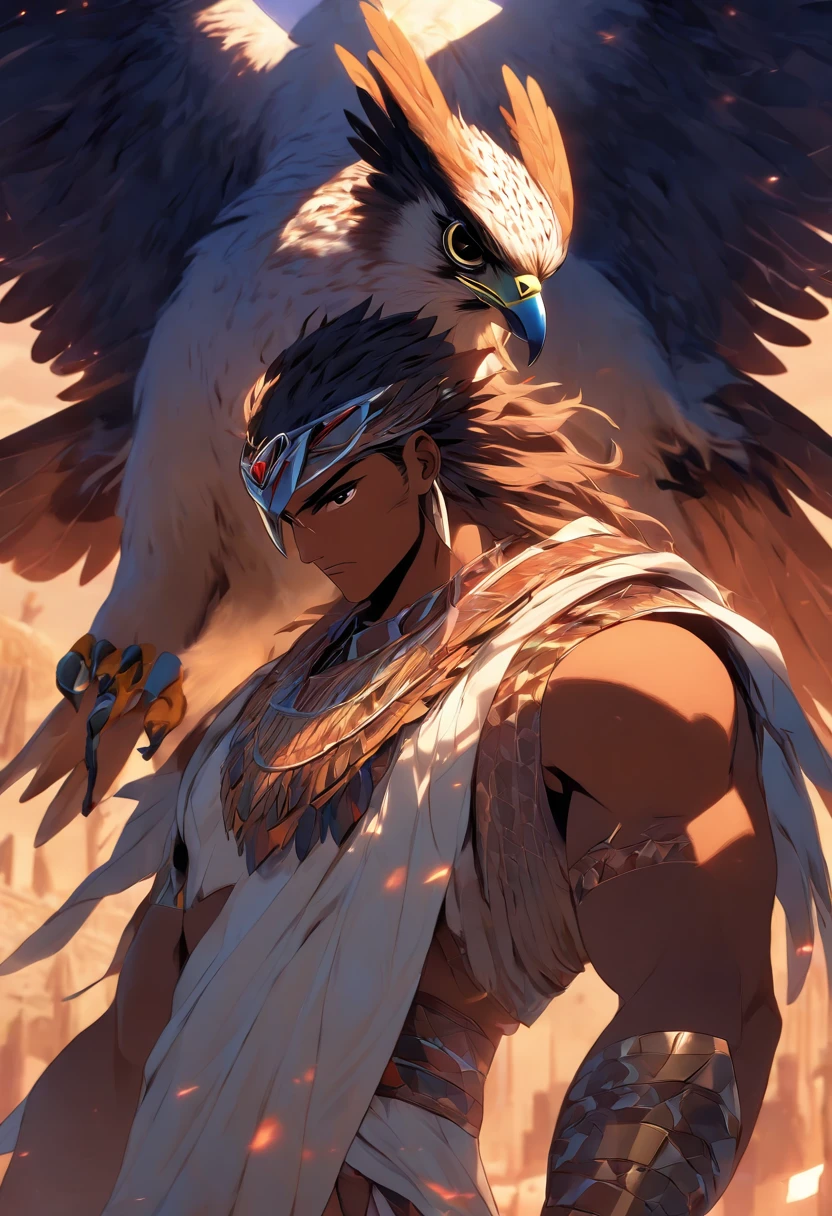 (((Man body and falcon head))) best quality, very high resolution, 4K detailed CG, masterpiece, Egyptian mythology, Khonsu, moonlight,cosmic god, Ancient Egypt, standing pose, night, white clothes , Egyptian clothing, desert, Ancient Egypt, ((falcon head, man's body)), aesthetic, beautiful image, centered on screen, standing pose