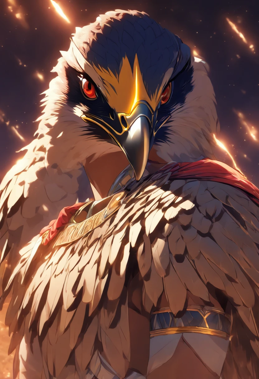 (((Man body and falcon head))) best quality, very high resolution, 4K detailed CG, masterpiece, Egyptian mythology, Khonsu, moonlight,cosmic god, Ancient Egypt, standing pose, night, white clothes , Egyptian clothing, desert, Ancient Egypt, ((falcon head, man's body)), aesthetic, beautiful image, centered on screen, standing pose