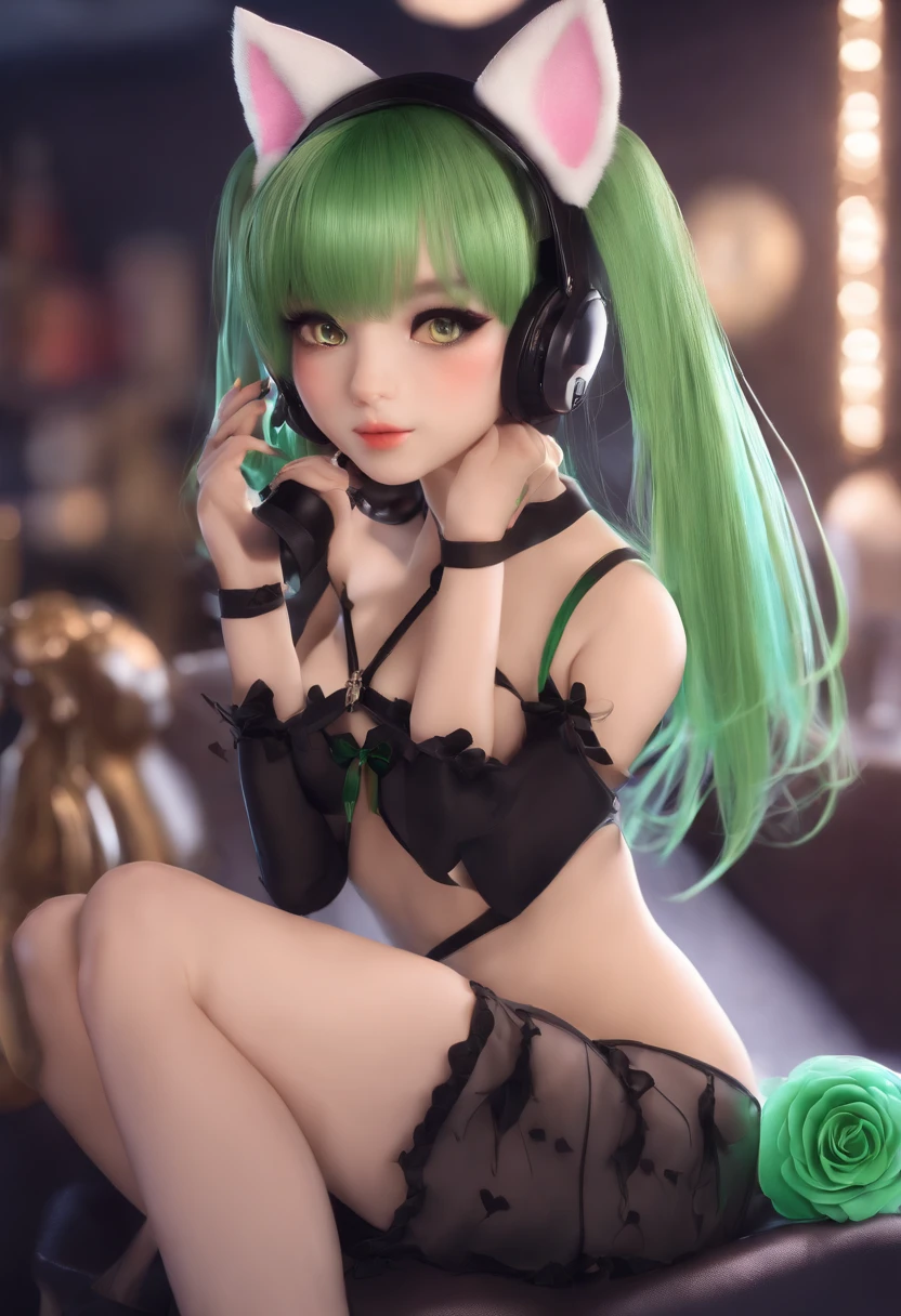 Young anime girl in  maid outfit with mini skirt with cat ears and cat tail and high heels and gorgeous young face and green hair and angel wings sitting wide-legged in a , Poledance (Poletanz), , Nachtclub, ultrarealistische  Maid, 8K, extrem detailliert, In SFM gerendert, [ 8k digitale Kunst ]!!, Extrem detaillierter Artgerm, 3-D-Rendercharakter Kunst 8 K, extrem detaillierte Augen, gorgeous face