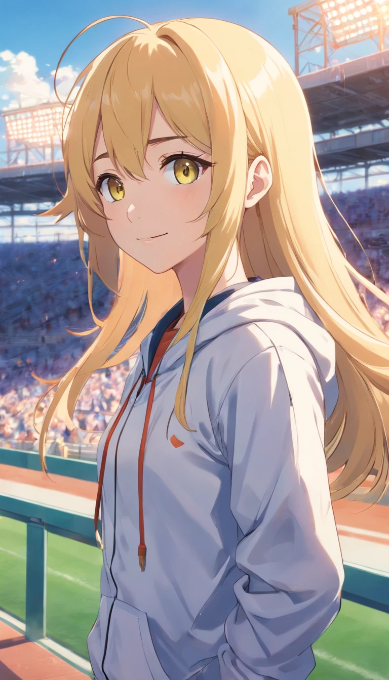 best qualtiy， tmasterpiece， 超高分辨率， realisticlying， 1 girl， Long pale yellow hair，Heterochromic pupils，plumw， track suit，baseball stadium，baseball cap，Stand a word horse，ssmile