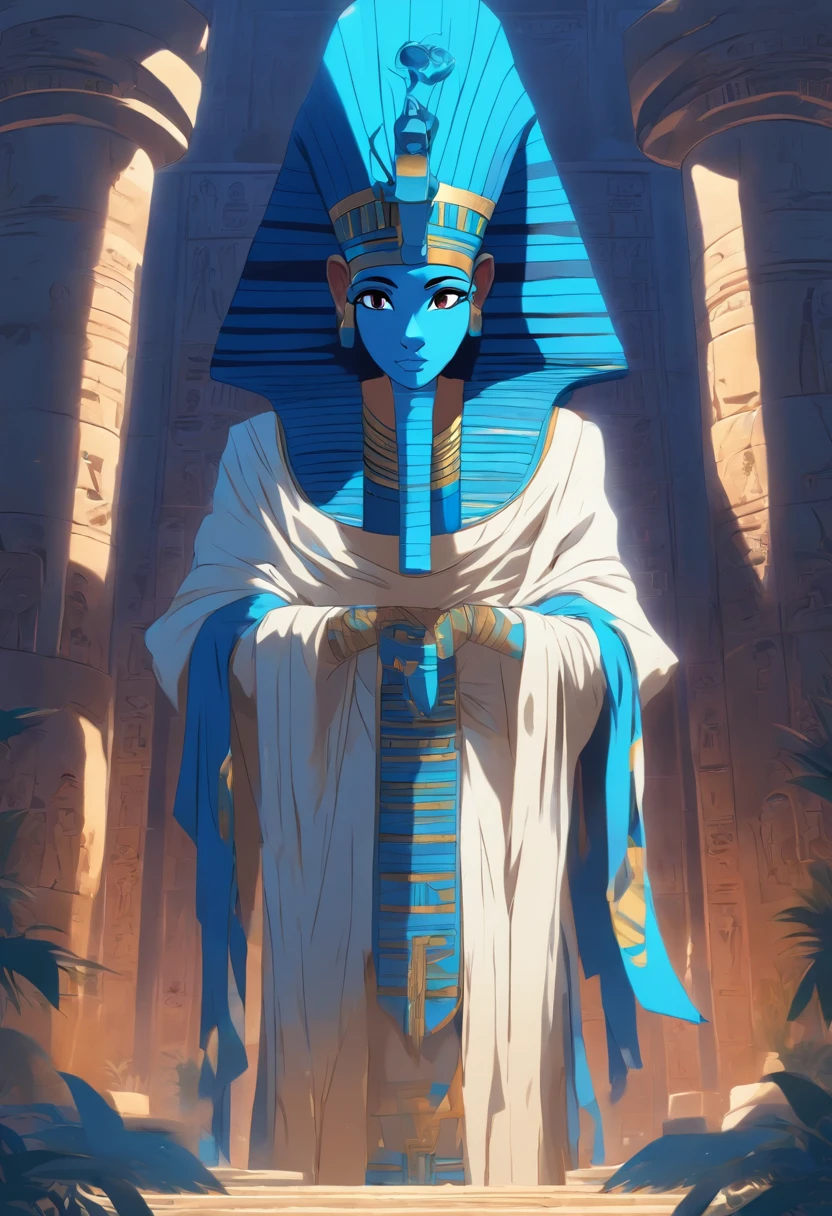 (((Blue adornment))) best quality, very high resolution, 4K detailed CG, masterpiece, Egyptian mythology,Ptah,Egyptian tomb, Ancient Egypt, standing pose, mummy, white clothes, Egyptian clothes, Egyptian temple, desert, Ancient Egypt, ((mummy god)), Egyptian palace, aesthetics, beautiful image, centered on screen, standing pose