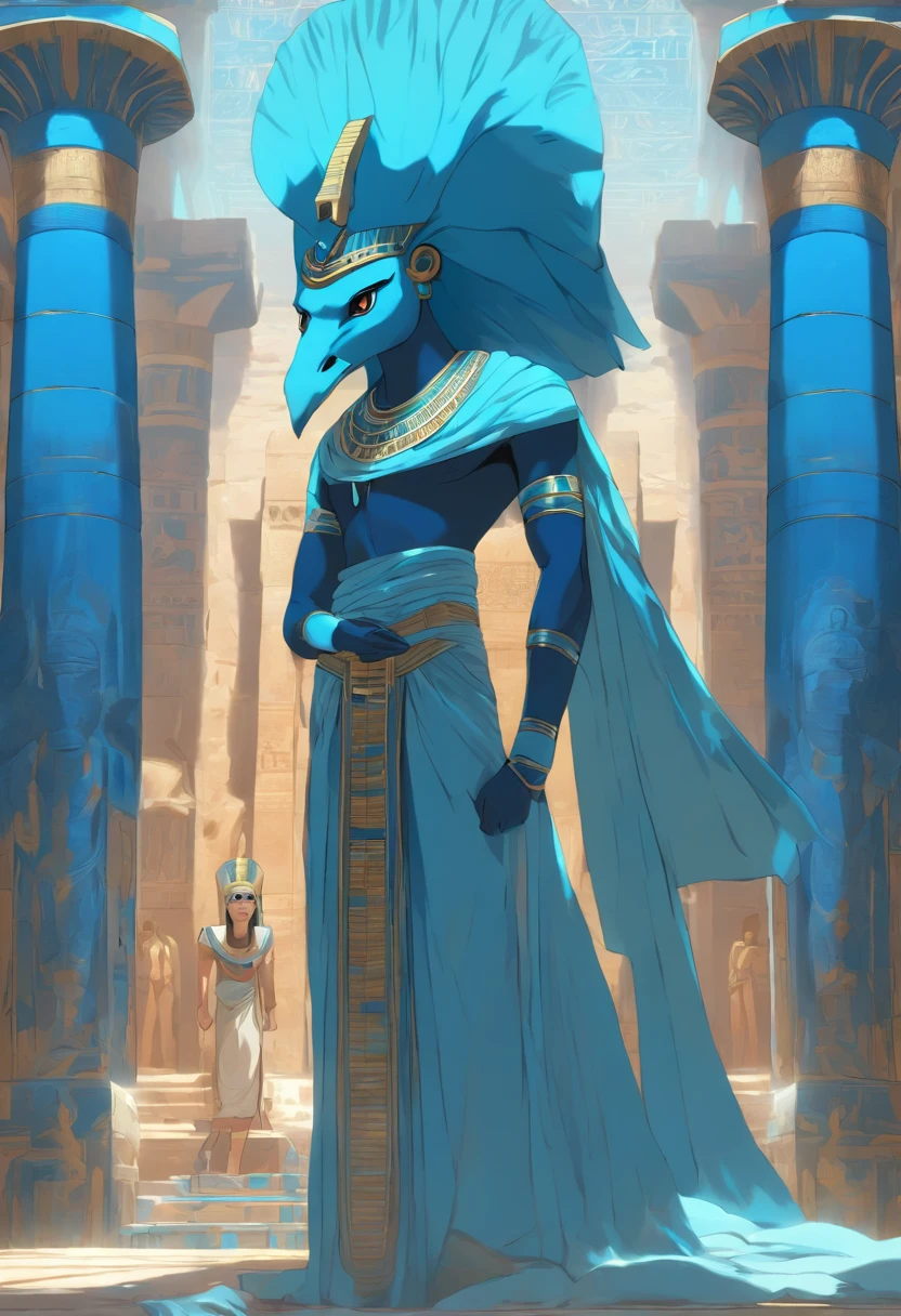(((Blue adornment))) best quality, very high resolution, 4K detailed CG, masterpiece, Egyptian mythology,Ptah,Egyptian tomb, Ancient Egypt, standing pose, mummy, white clothes, Egyptian clothes, Egyptian temple, desert, Ancient Egypt, ((mummy god)), Egyptian palace, aesthetics, beautiful image, centered on screen, standing pose