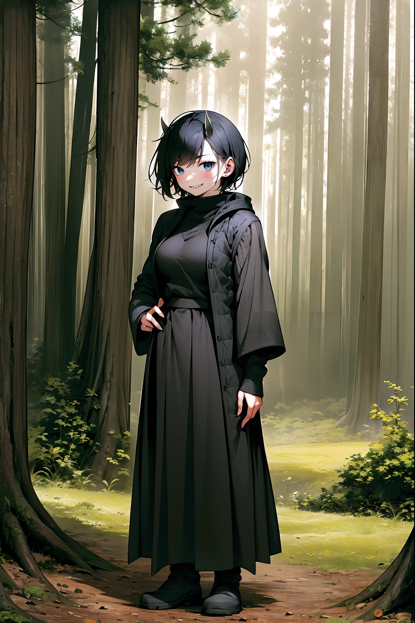 short hair, youngirl,black hair, vest, pullover, dragon horns, sharpteeth, standing, smile, full body , boots, long skirt, winter dress,, forest, woman-medieval-clothes, horns