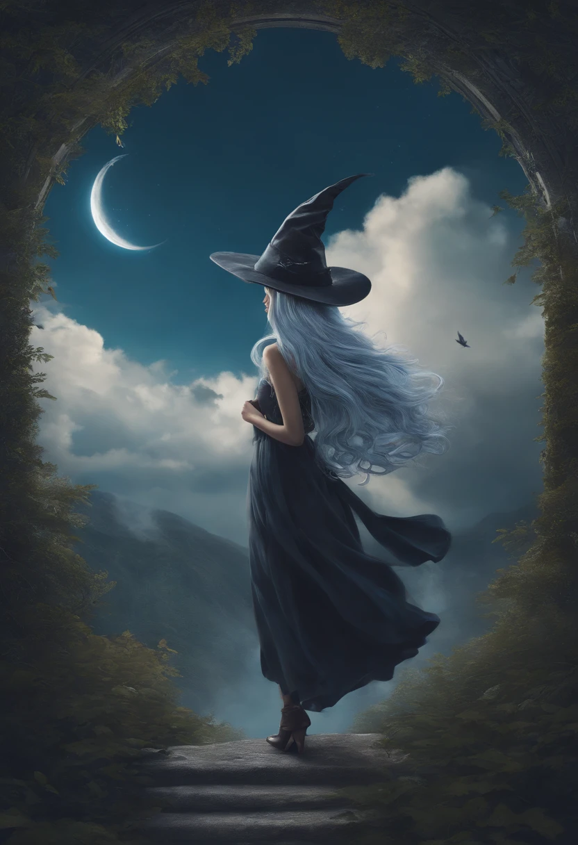 Best Quality, Highly detailed, masutepiece, Ultra-detailed, cloud, Witch_hat, hat, 1girl in, skyporn, Blue_skyporn,day, long_hair, cloudy_skyporn, Moon,Bird, Solo, Silver_hair, Witch, Outdoors