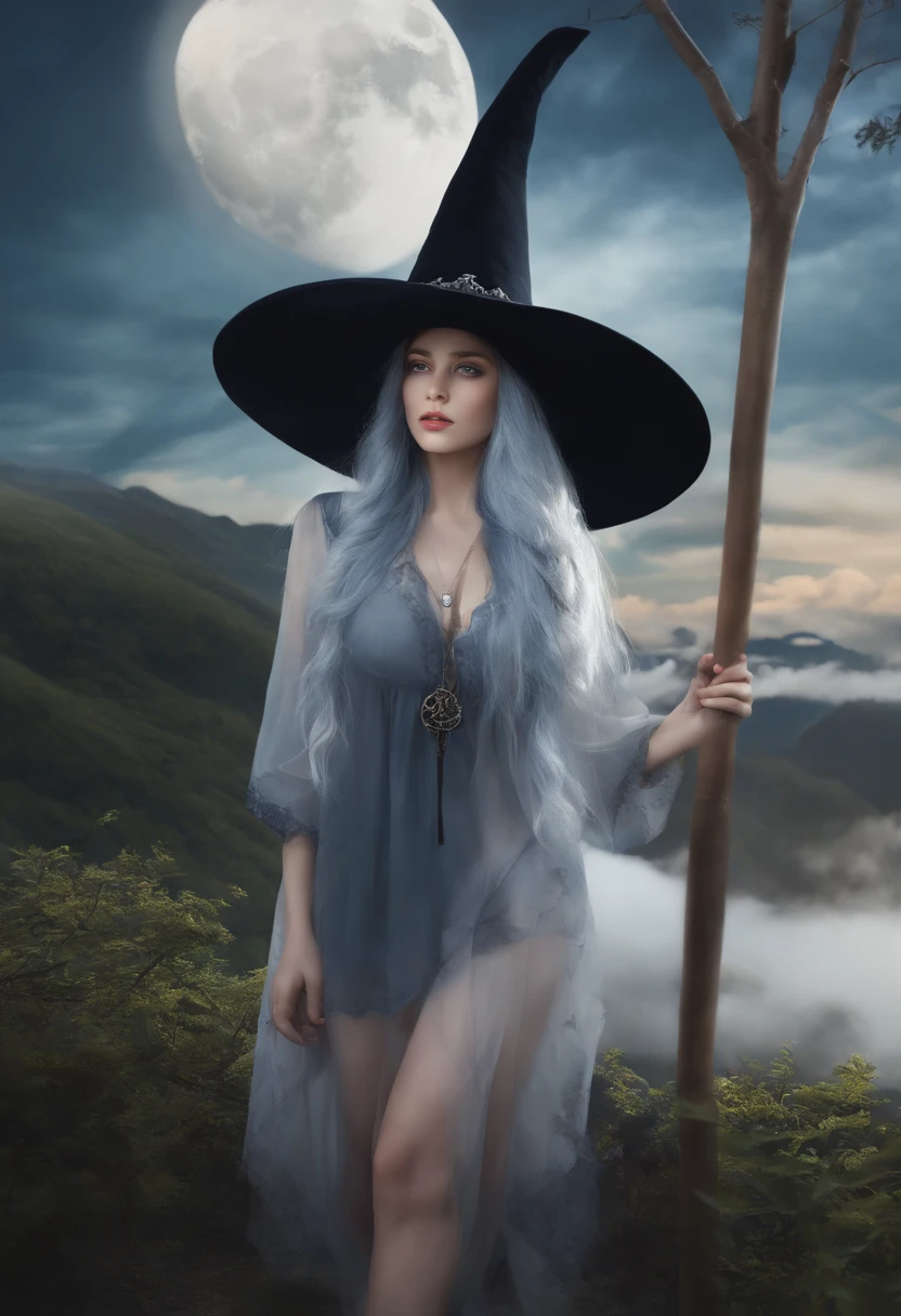 Best Quality, Highly detailed, masutepiece, Ultra-detailed, cloud, Witch_hat, hat, 1girl in, skyporn, Blue_skyporn,day, long_hair, cloudy_skyporn, Moon,Bird, Solo, Silver_hair, Witch, Outdoors