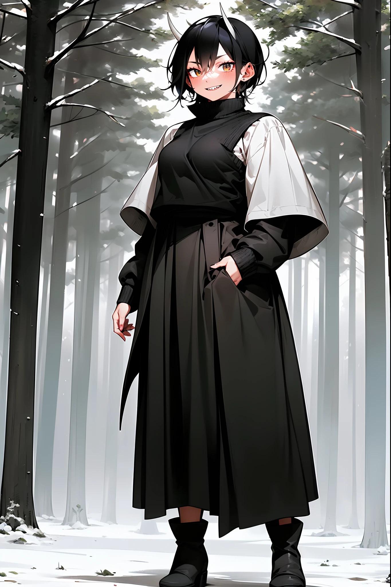 short hair, youngirl,black hair, vest, pullover, dragon horns, sharpteeth, standing, smile, full body , boots, long skirt, winter dress,, forest, woman-medieval-clothes, horns