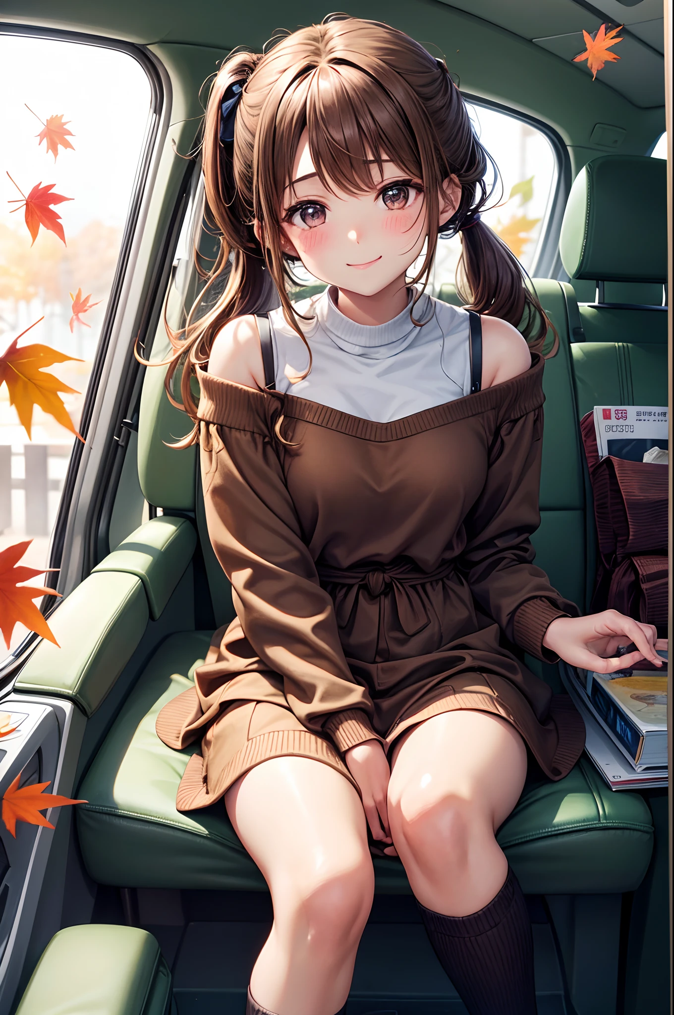 Best Quality、Light brown skin、Autumn clothes、Drawn up to the knee、、poneyTail、driving a car、In the car、age woman、Very cute、、Close one eye and smile、Brown hair、、I want to blush、bending forward、Colored leaves、Wink、twinkling、Kamimei、