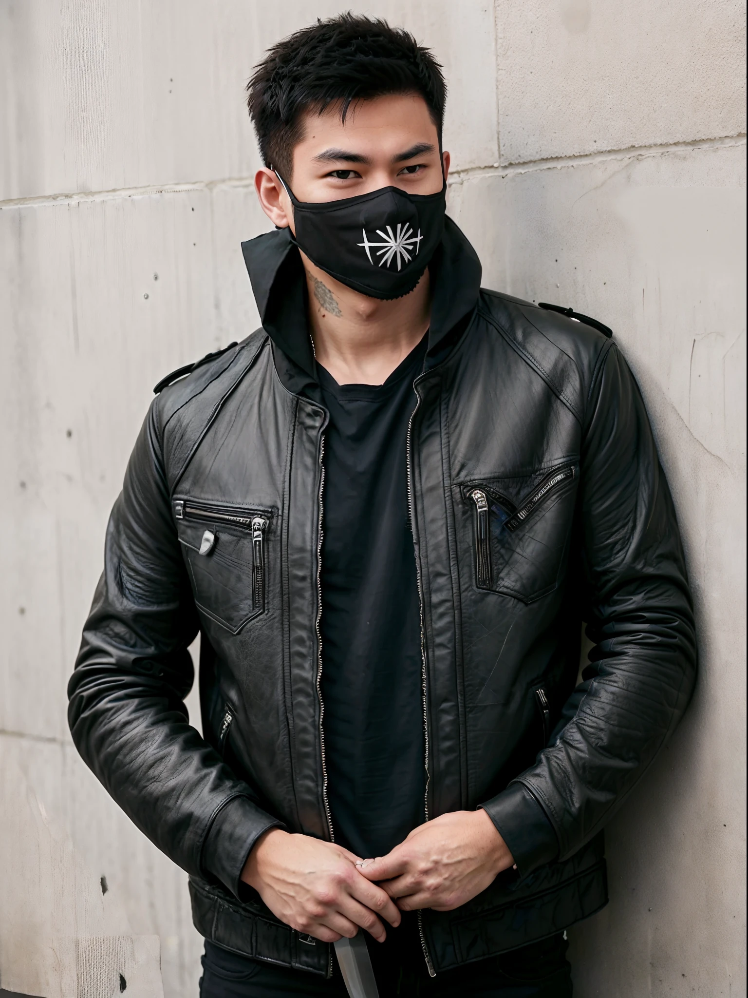 One wears a half-mask，Masked robbers，Holding a large knife in his hand，Handsome，Bad laughs，punks，Sense of oppression，Full body photo，Don't take a headshot