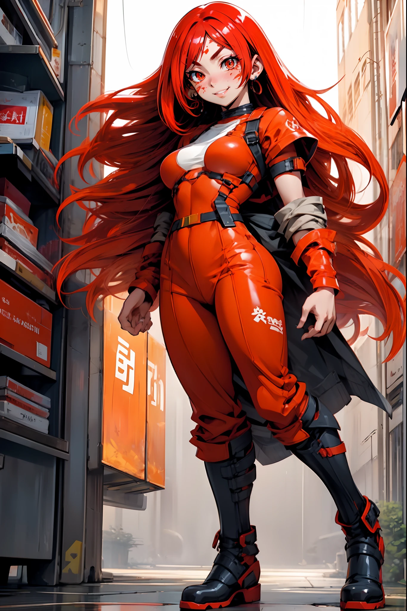 lava, red hair, orange eyes, prisoner cloths, medium breast, smile, facial mark, long hair, standing solo, full body, boots