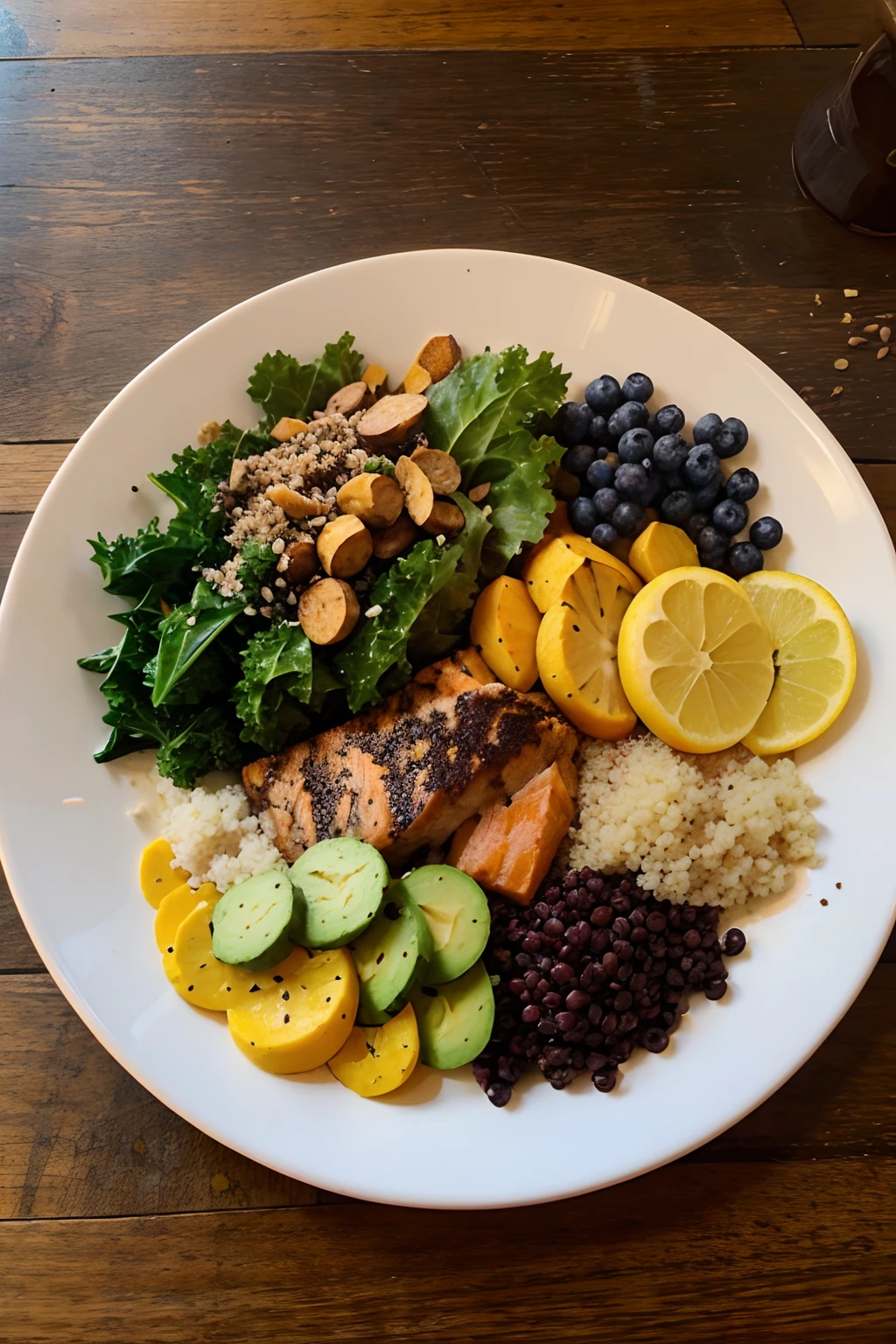 a plate filled with blueberries, kale, sweet potato, avocado, quinoa, chia seeds, salmon, turmeric and cacao