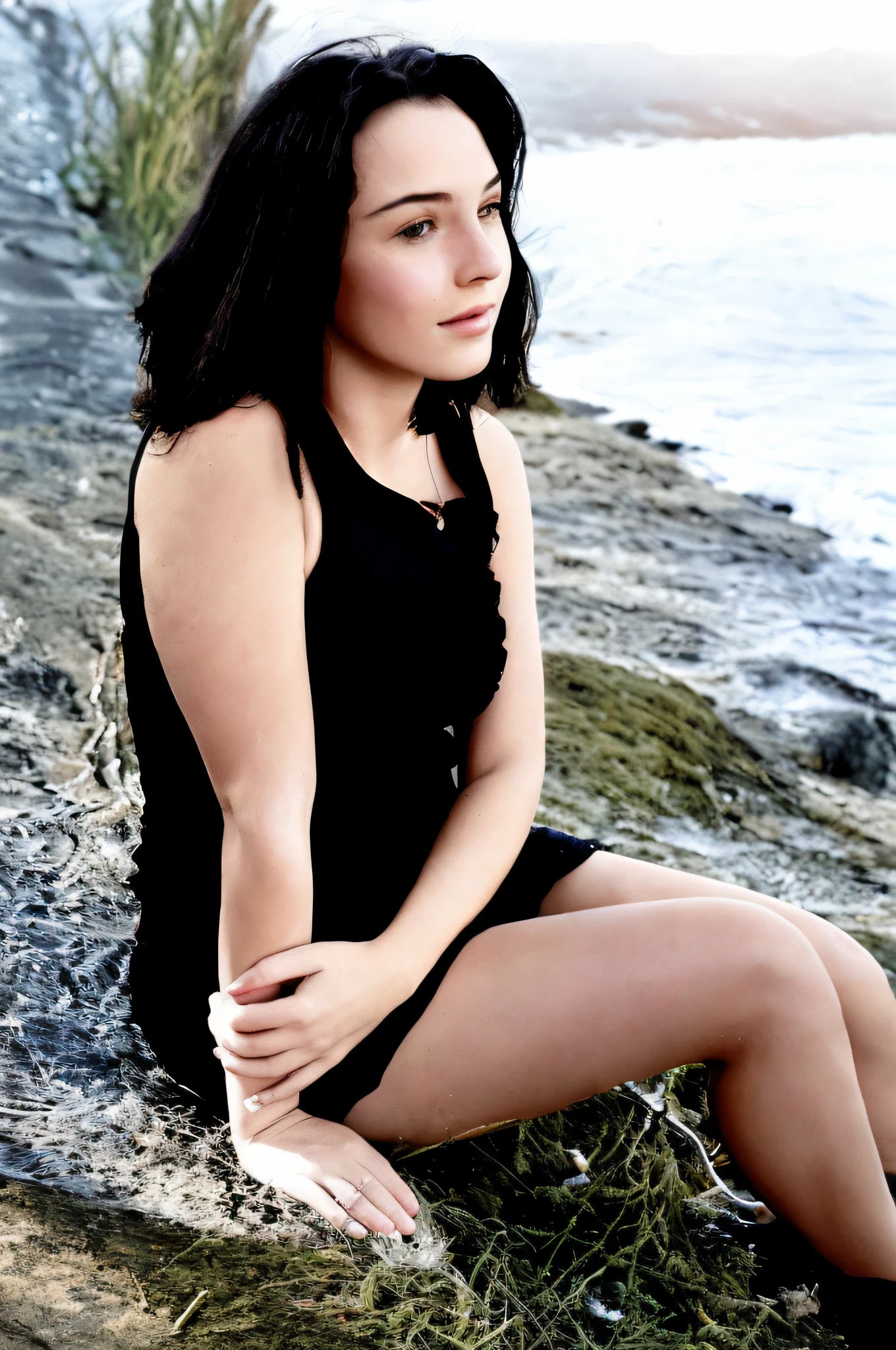 A woman sits on the ground by the water, near the sea, on the sea, sitting on rocks, posing on a beach with the ocean, sitting at the beach, profile shot, sitting at the beach, side portrait, at the waterside, girl with black hair, casual photography, sitting near a river, sitting on the stone, alina ivanchenko