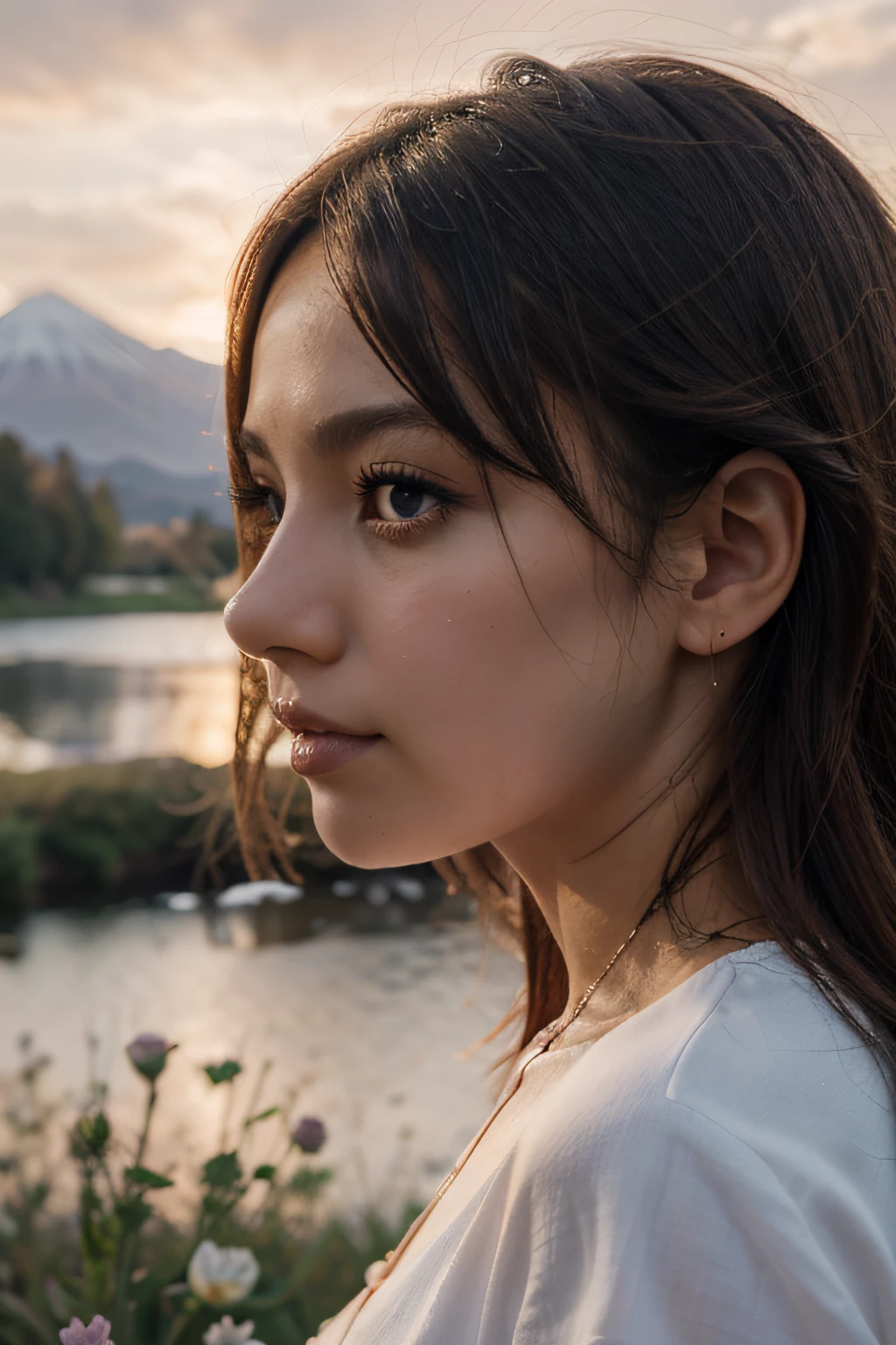 Best quality, Masterpiece, Extremely detailed, Detailed background, Detailed eyes, anime big breast, 1girll, Beautiful eyes, young girl, long hair girl, Expressive face, komono, Retro, View of Mt. Fuji Lansted, Outdoors, Sunset, Beautiful sky, Picnic by the lake, landscape, scenery, horizon, The mountain sits on the side of the mountain, Wind, petals, Spring, looks away, Atmospheric lighting, Reflection, Naturalistic, detail, Realism. unwind, Beauty, solofocus, Close up, From the side Side, Depth of field, Bokeh