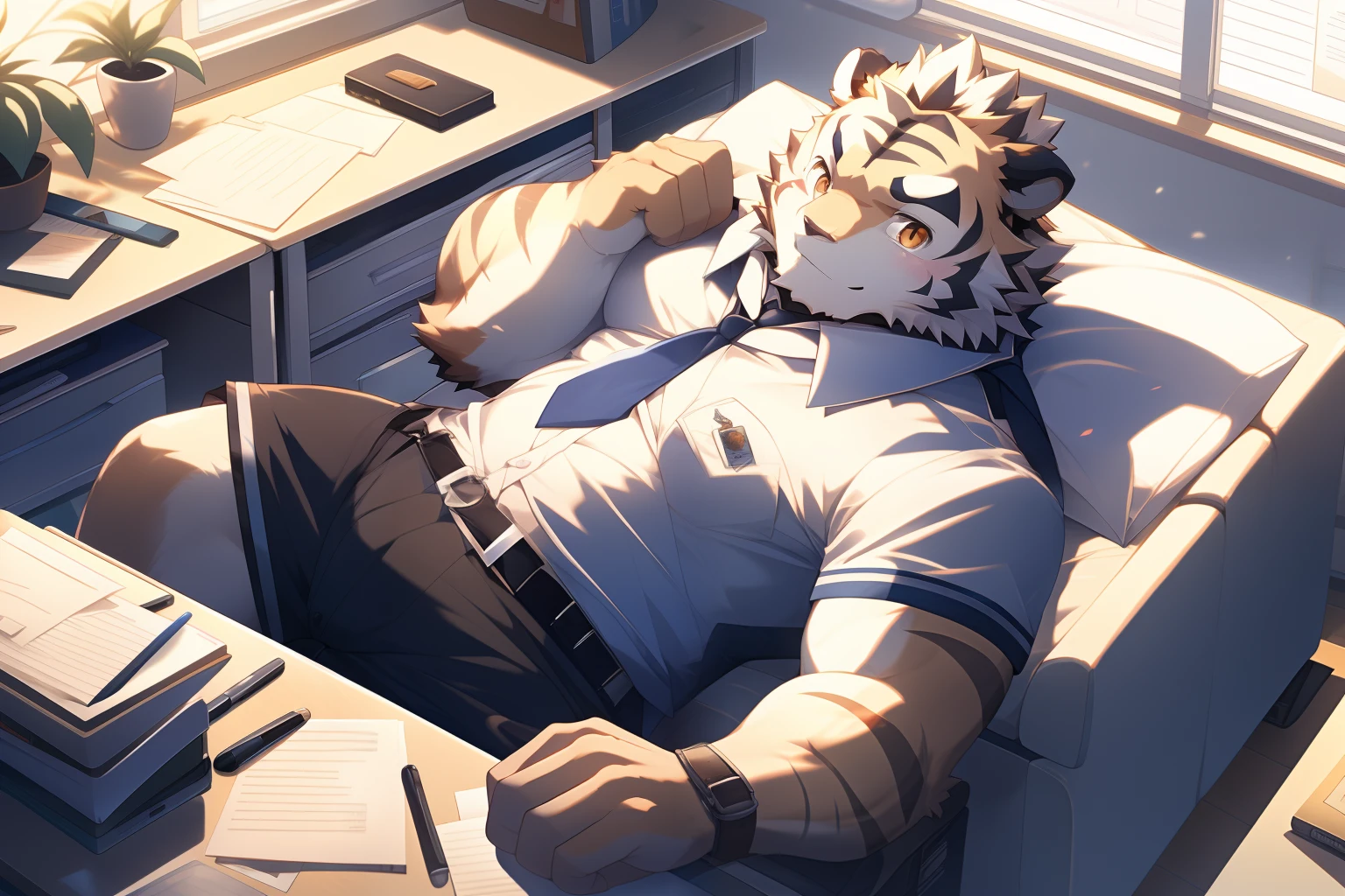tmasterpiece, high-definition photograph, Perfect anatomy, Anthropomorphic tiger, male people, 20yr old, Light brown stripes, Strong body, large pecs, Pink milk clusters, medium bulge,(Naked:1.5), He was lying on a white sofa, Wear white tight shorts, Mysterious Expression, Be red in the face, Golden pupils, Clear eyes,Visually inspect the audience, Wore a tie, Clear facial features, Strong, Solo, office room, Greenery, papers, Office supplies, Leather sofa, tack sharp focus,volume fog,8K UHD,Digital SLR,high qulity,(filmgrain:1.4),Fujifilm XT3,down view