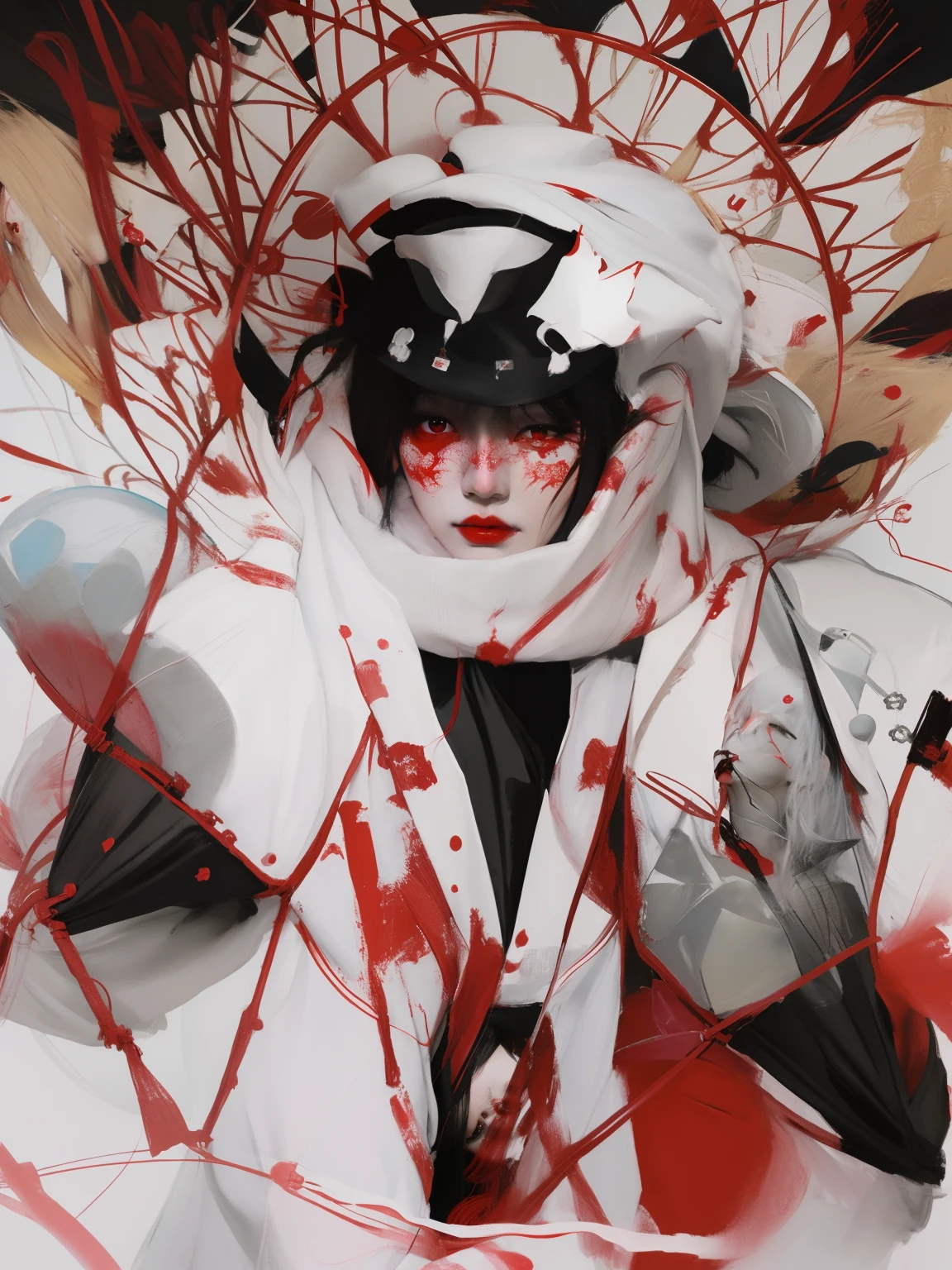 arafed witch woman in a white coat and black hat with red paint on her face, artwork in the style of guweiz, guweiz, guweiz masterpiece, james jean and wlop, takato yomamoto. 4 k, inspired by Yanjun Cheng, james jean andrei riabovitchev, guweiz on artstation pixiv