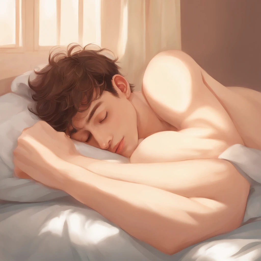 Create a charming image of a teenage boy in a relaxed, sleeping pose, nice ass in thong, shirtless. The style should exude the warmth and softness of fluffy art. Think of it as a delightful blend of anime aesthetics with a touch of minimalism. This should be a simple yet heartwarming portrayal, capturing the essence of serene slumber in a fluffy and endearing manner