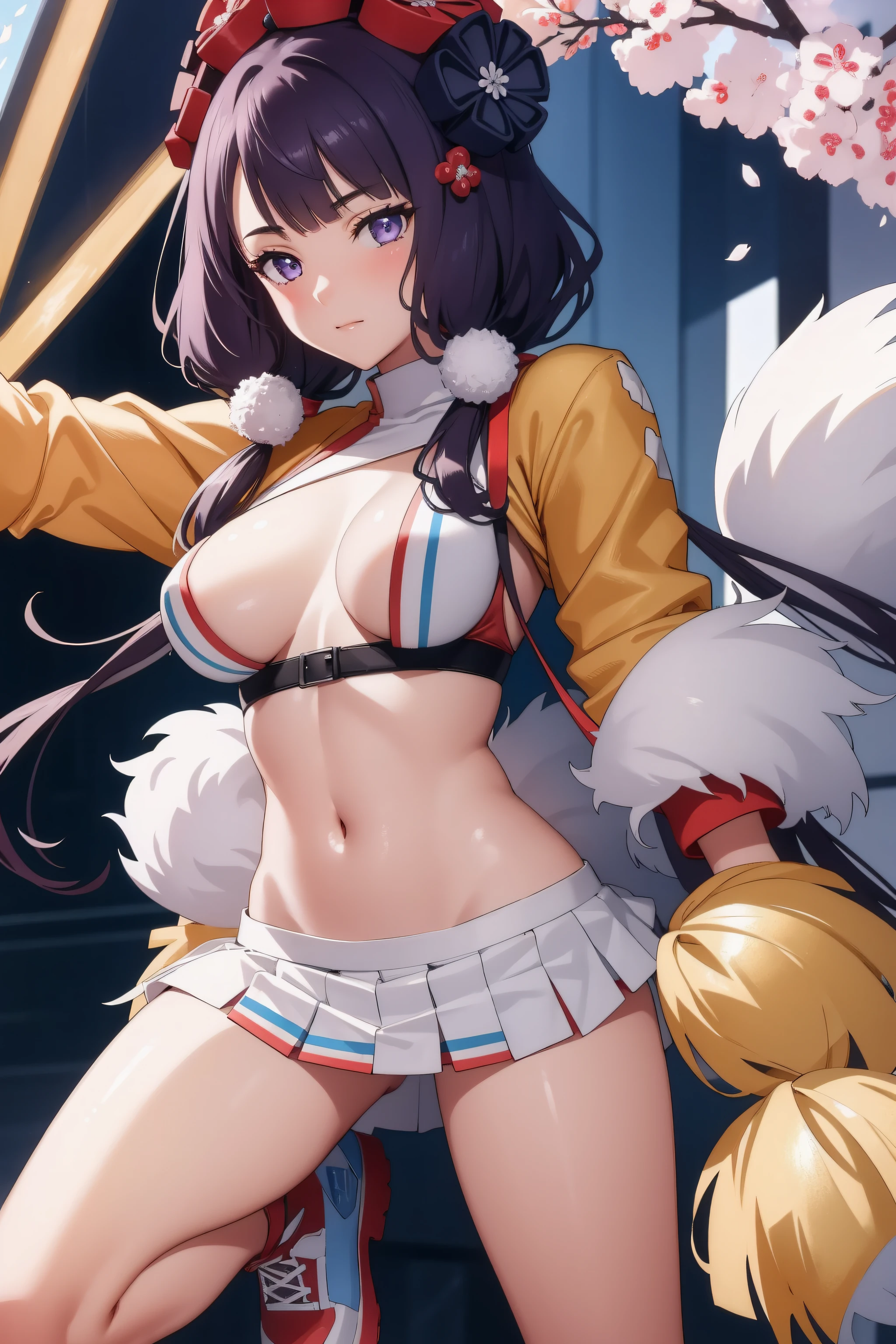 (day:1.7), standing in front of a snow covered mountain, winter,(close-Up:1.4),
Standing,bare legs,
cheerleader, crop top, holding pom poms, midriff, navel, orange skirt, pink footwear, pom pom (cheerleading),
hokusai, long hair, bangs, (purple eyes:1.1), hair ornament, purple hair, hair flower, low twintails,
1 girl, 20yo,mature female,Beautiful Finger,Beautiful long legs,Beautiful body,Beautiful Nose,Beautiful character design, perfect eyes, perfect face,
looking at viewer,(light_smile:0.3),(Closed_mouth),
NSFW,official art,extremely detailed CG unity 8k wallpaper, perfect lighting,Colorful, Bright_Front_face_Lighting,
(masterpiece:1.0),(best_quality:1.0), ultra high res,4K,ultra-detailed,
photography, 8K, HDR, highres, absurdres:1.2, Kodak portra 400, film grain, blurry background, bokeh:1.2, lens flare, (vibrant_color:1.2)
(Beautiful,medium_Breasts:1.4), (beautiful_face:1.5),(narrow_waist),(perfect hands, perfect anatomy),