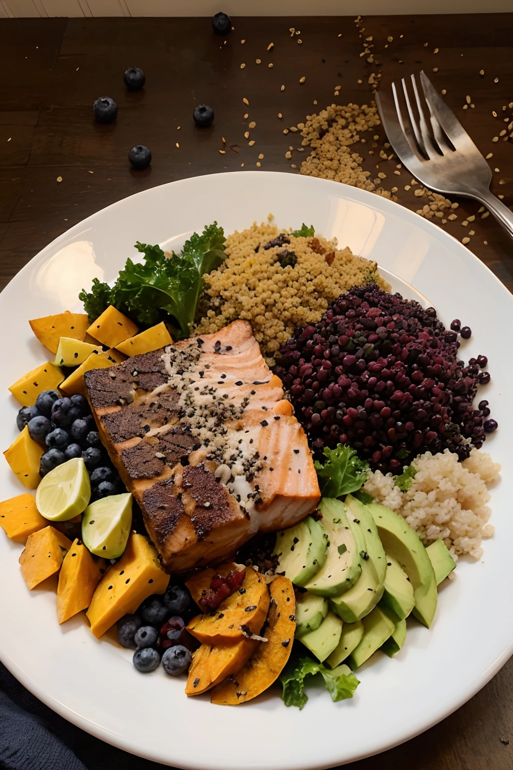 a plate filled with blueberries, kale, sweet potato, avocado, quinoa, chia seeds, salmon, turmeric and cacao