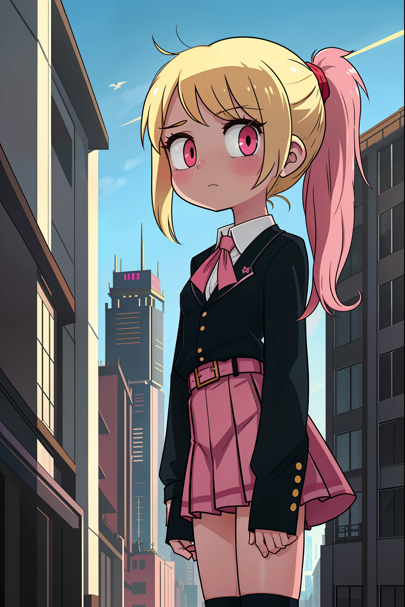 giiantess towering over chibi girl (minature skyscrapers), surprised mischievous, slim, slender, (spoken love), (sexy schoogirl uniform, white pink, shiny:1.1),  (blonde ponytail:1.2), red eyes, by beksinski, (flat colors), (extremely annoying immature:1.1) (hdr sunglare)