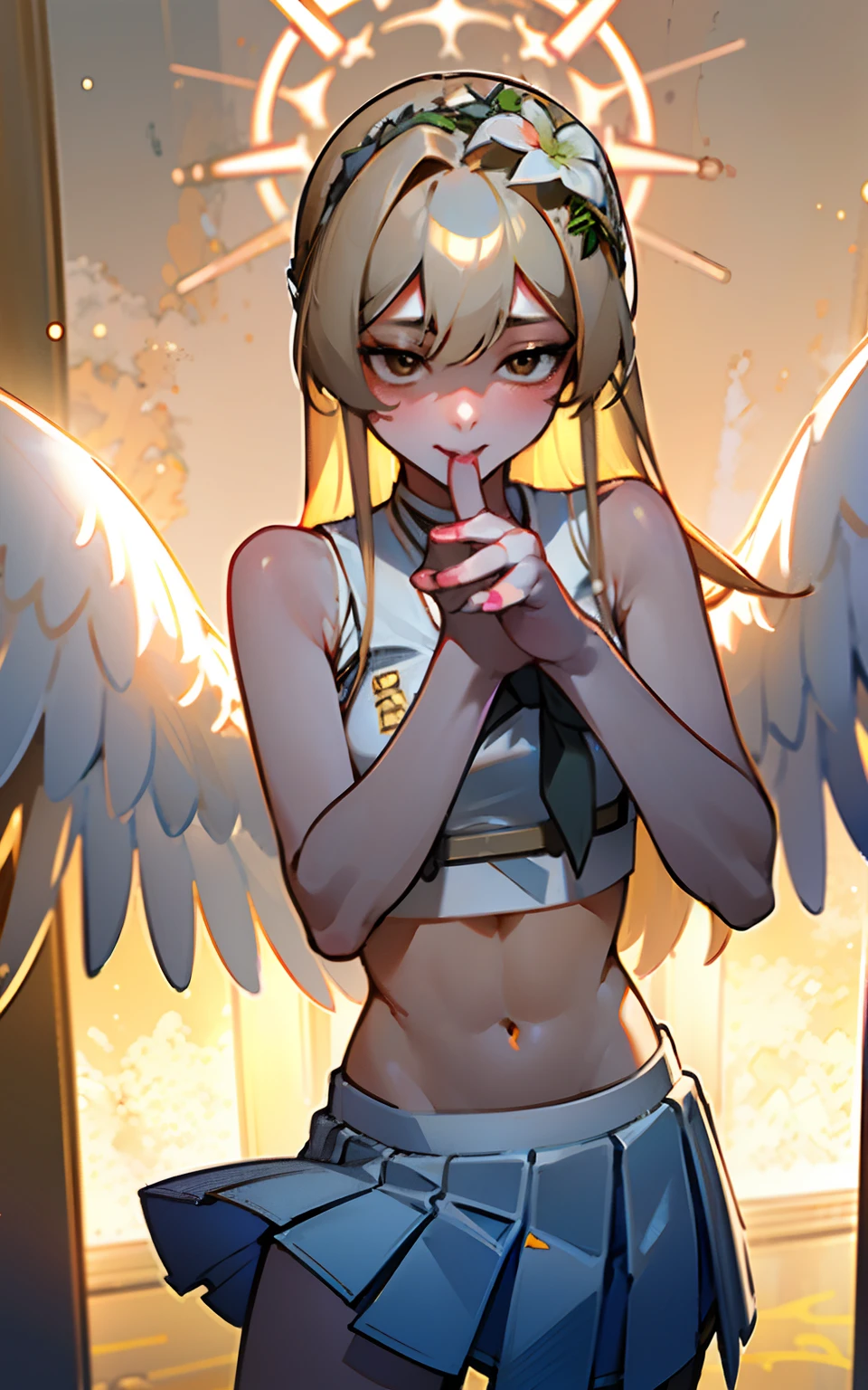 (Original Character、Unity 16K wallpaper, Masterpiece, Best quality, Ultra-detailed, Extremely detailed CG, Caustics, Cinematic lighting, Detailed, Beautiful detailed eyes,Long blonde hair,Brown eyes,angelic halo,Angel wings,Floral headdress,NSFW:1.8, Solo、Oily skin、18yr old), 超高分辨率, Fine skin, (cheer leader, Clothes writing, Crop top, Sleeveless shirt, midriff, Miniskirt, Pleated skirt), (Strong light)、((Illuminate the subject))