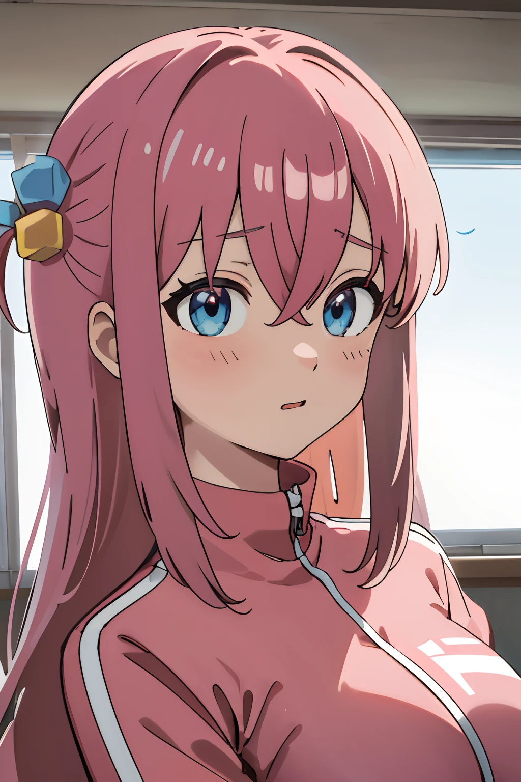 masterpiece, best quality, highres, gotou1, gotou hitori, solo, bangs, hair between eyes, ((portrait)), pink tracksuit, detiled eyes, big boobs, classroom