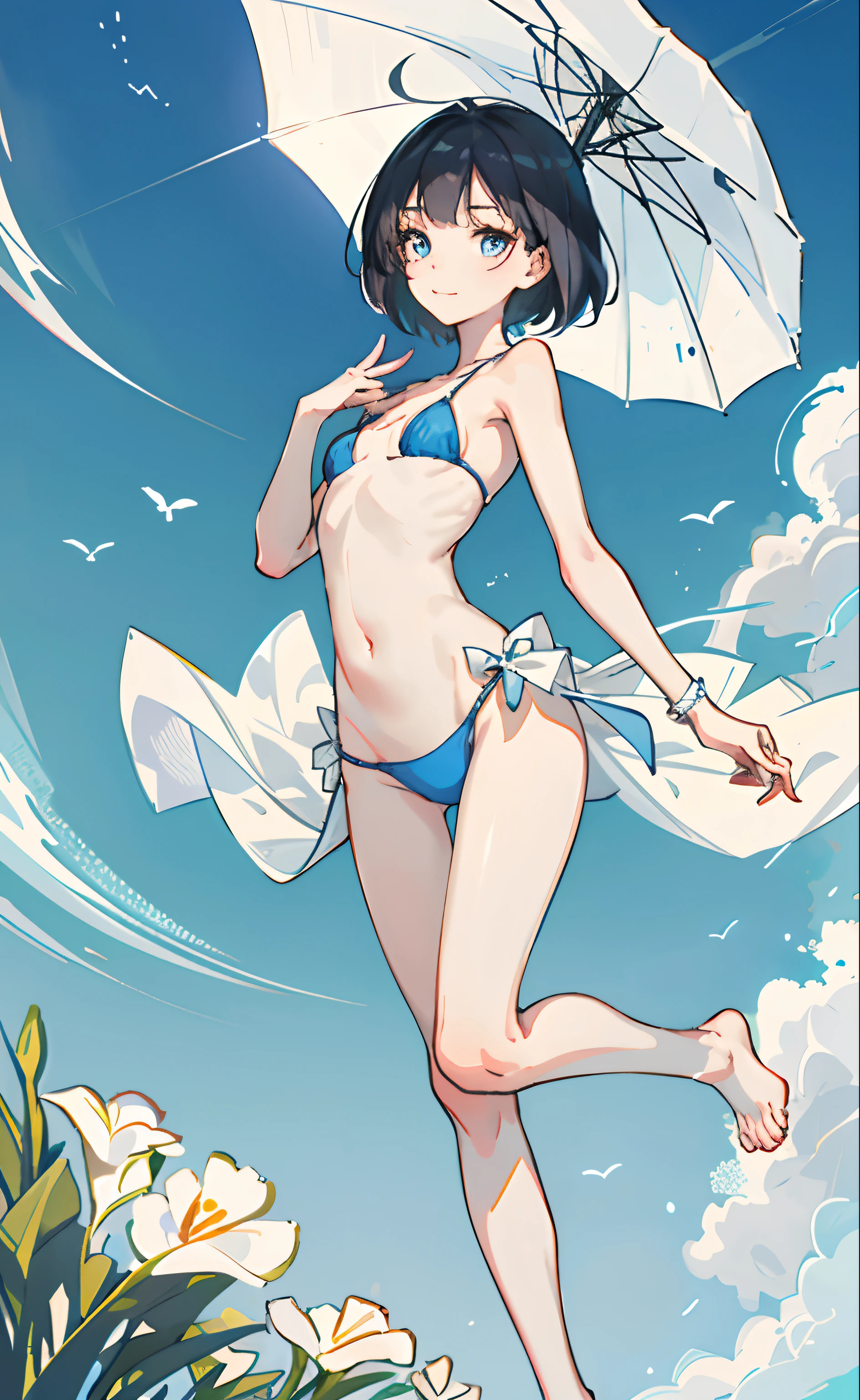 (The FW), 1womanl, Solo, 12year old, 7headed body, (cute face), (Ideal ratio body proportions),Top quality ultra-detailed CG art、fullbody naked、Cute Bikini:1.2)、White Bite Color、smooth hair、large blue eyes,Mid summer、Delicate body、breasts are small、Medium Hair、One-eye hide、It features a simple、ssmile、cheerful girl、、bob cuts、small tits, A slender, Small buttocks, beauty legs, Skinny Legs, surrealism,F/1.8, 135 mm, nffsw, masutepiece, ccurate, Anatomically correct, Textured skin,One leg is raised、