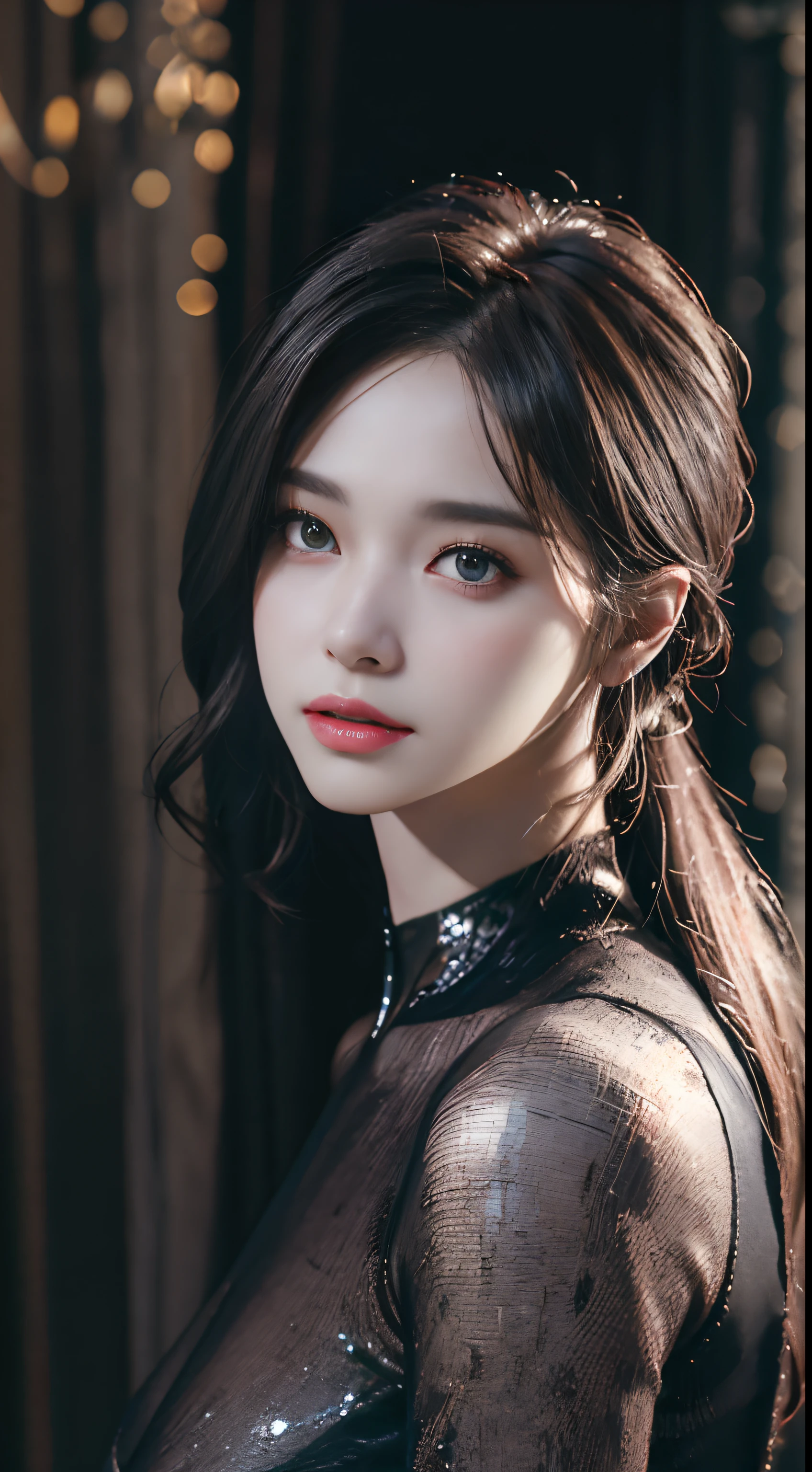 ultra high res, masterpiece, best quality, ,perfect glossy shiny skins, perfect lighting, detailed lighting, dramatic shadows, ray tracing, 1girl,upper body, black sweater, looking at viewer, off shoulder, Big breasts, Exposed cleavage, blue Eyes, sharp face, sharp eyes, Cyberpunk, long bangs, pony tail hair,