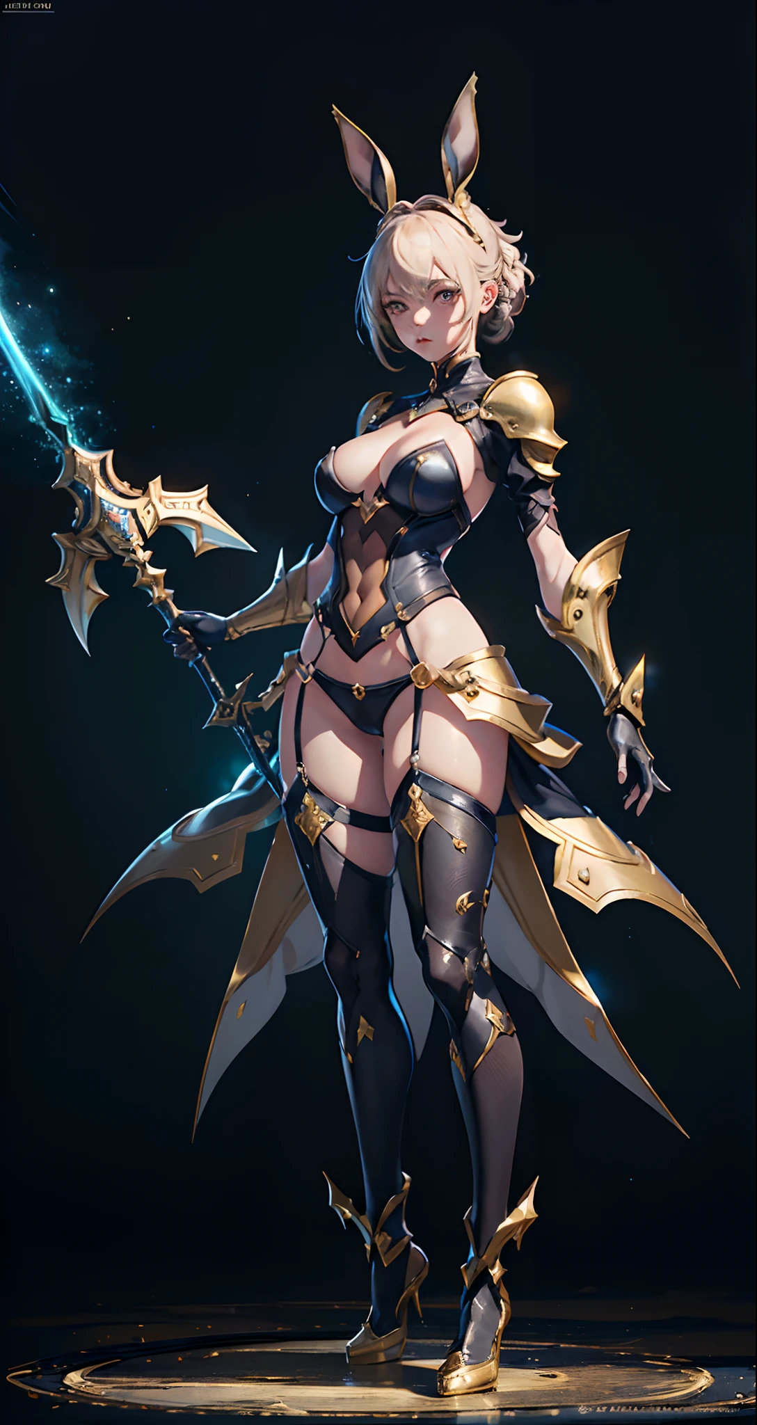 (best quality, high definition, masterpiece:1.2,), Illustration, night, 1girl, Design a layout showcase Gaming character, Golden+Purle clothes, stylish and unique, ((showcase weapon:1.4)), magic staff, (masterpiece:1.2), (best quality), 4k, ultra-detailed, (Step by step design, layout art:1.5), (luminous lighting, atmospheric lighting), Final Fantasy style, magican, ((glove full hands)), fran, viera, (((revealing clothes:1.3))), vambraces, armored legwear, (((full_body_shot:1.4)))