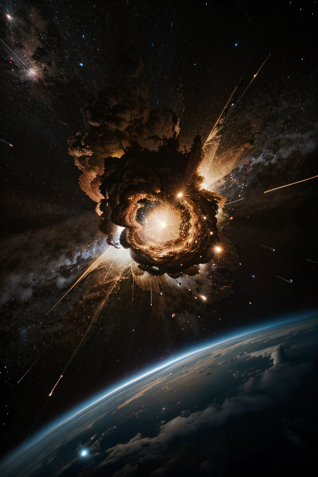 A neutron star explosion in space, with the blast driving away cosmic clouds. Beautiful texture and other details