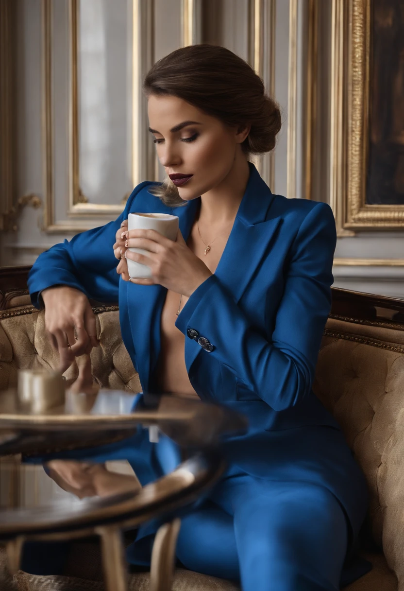 A young woman drinks coffee in a lounge of the Crillon Hotel in Paris. She is dressed in a blue-grey suit that reveals her sexy curves.