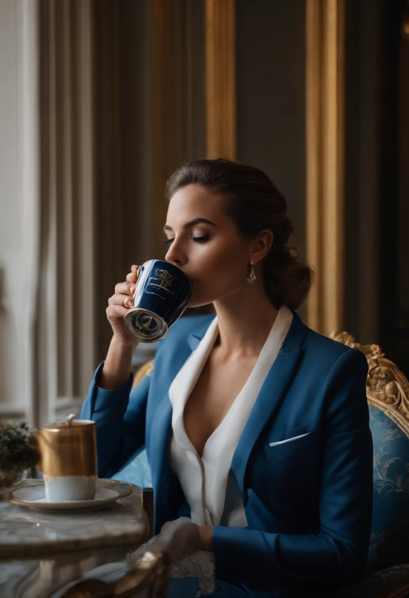 A young woman drinks coffee in a lounge of the Crillon Hotel in Paris. She is dressed in a blue-grey suit that reveals her sexy curves.