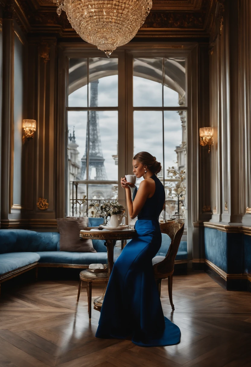 A young woman drinks coffee in a lounge of the Crillon Hotel in Paris. She is dressed in a blue-grey suit that reveals her sexy curves.