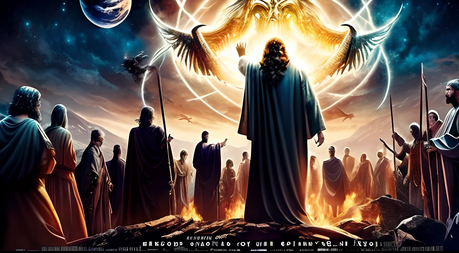 A poster of Jesus' encounter with demons and surrounded by many evil spirits, 2050, 2030, fantasy and cosmic horror movie, of a science fiction film 2 0 1 9 K, 2040, 2049, epic science fiction horror.