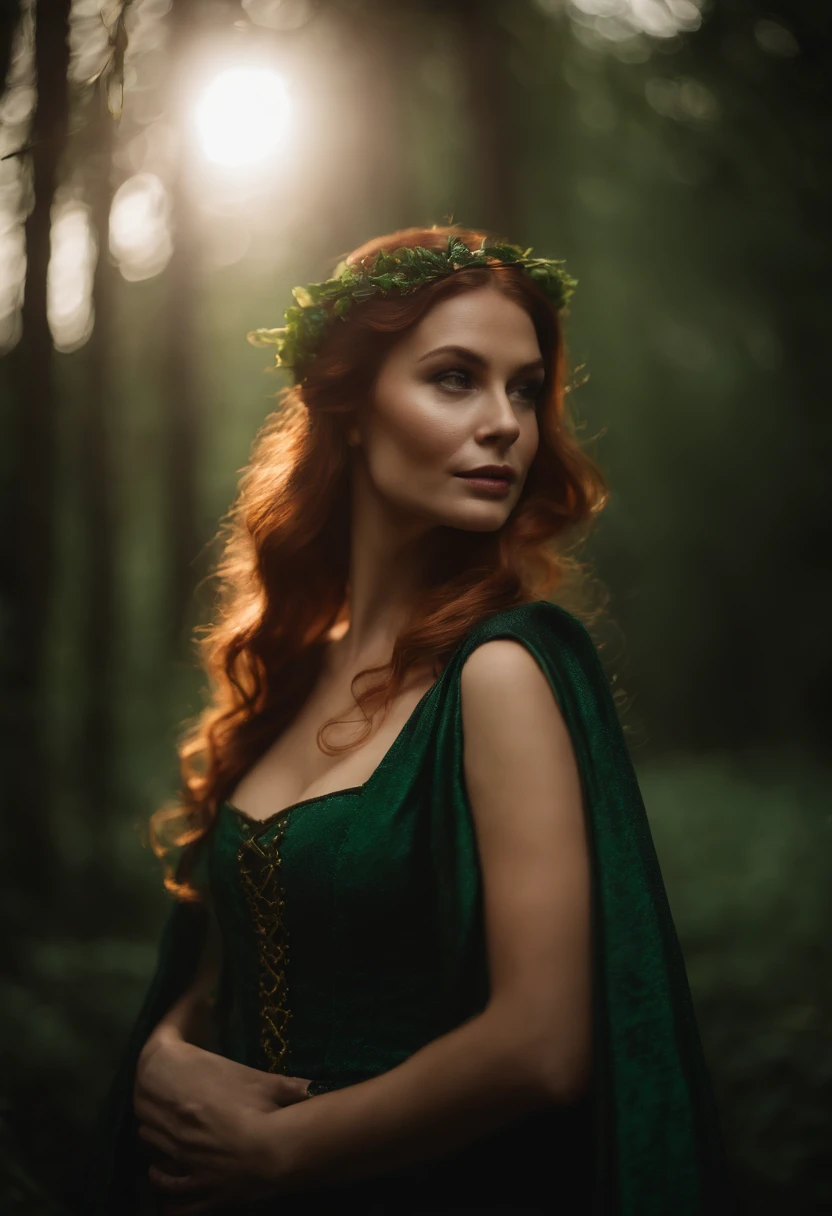 Retrato de uma Mulher ruiva  estilo medieval vestido preto e verde na floresta obscura perto de uma cabana revestida em pedras e musgos, segurando ervas, Small lights and rays enter between the tall trees. Fotografia retrato profissional 8k fantasia