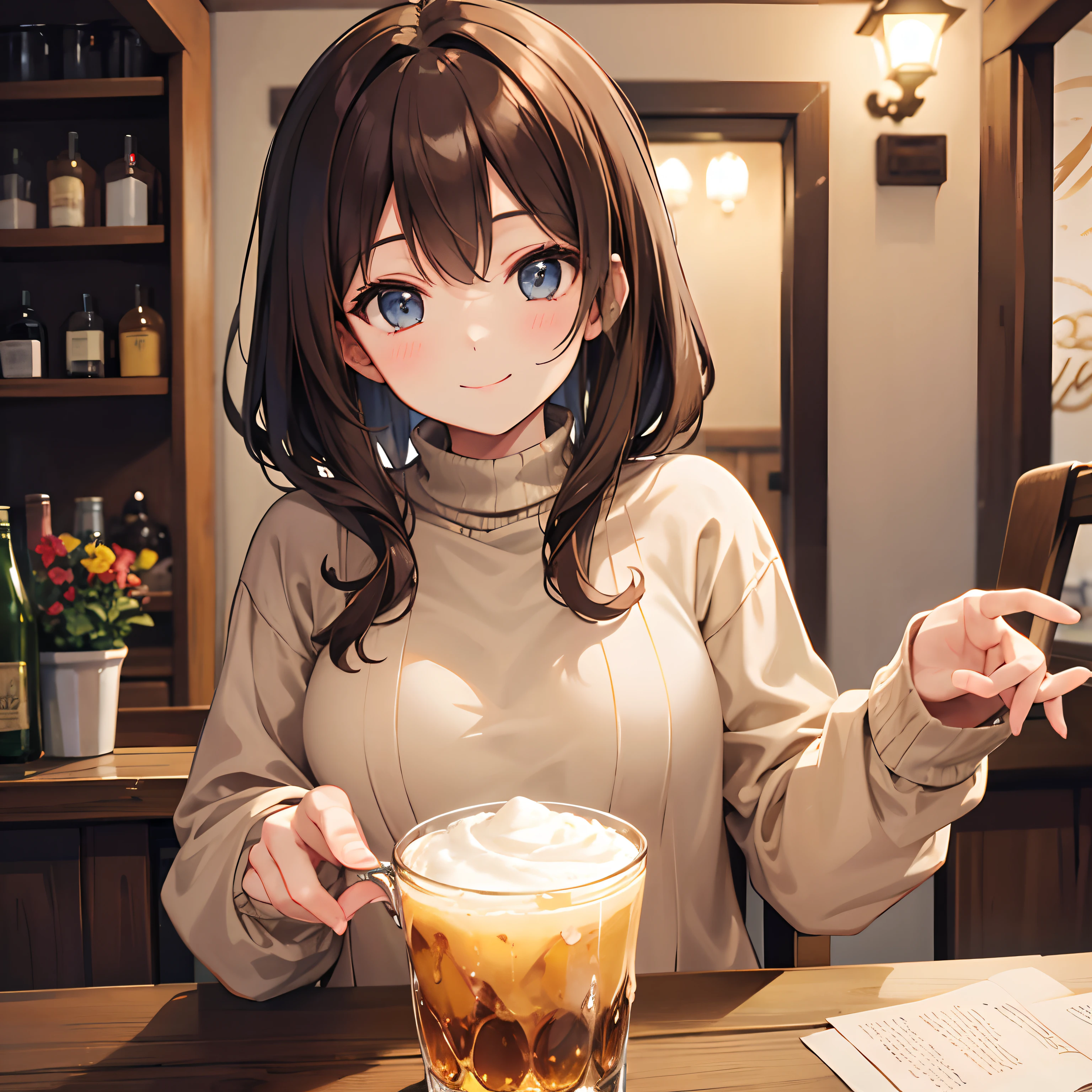 Brown-haired and sweater girl smiling in tavern