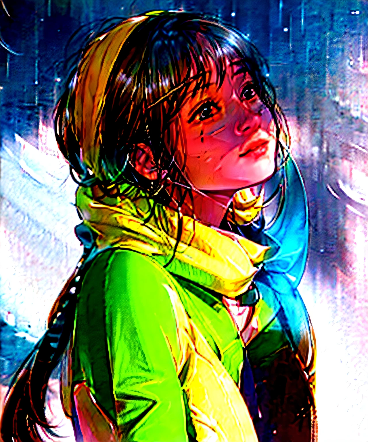 3D anime of a girl with a ponytail and a yellow hoodie, flower petals in background