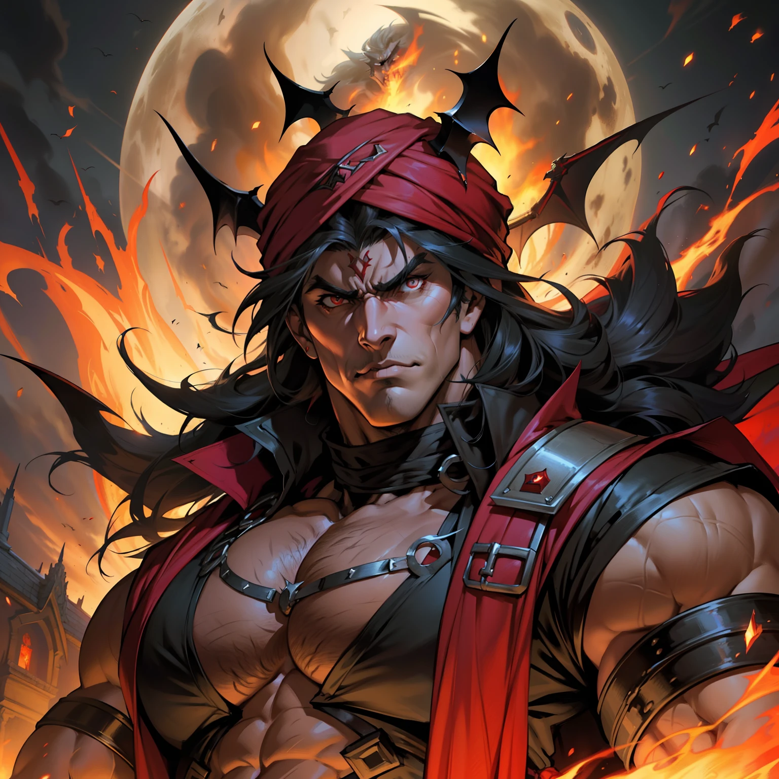 Castlevania Hyper Realistic Shadow Lord Super Detailed Dynamic Shooting Lord Dracula Centerpiece Angry Demonic Form Medieval Arab Warrior with Red Turban Scary Face Hokuto No Ken Structure Muscular Face Kenshiro Portrait Zoom Super Detailed Face